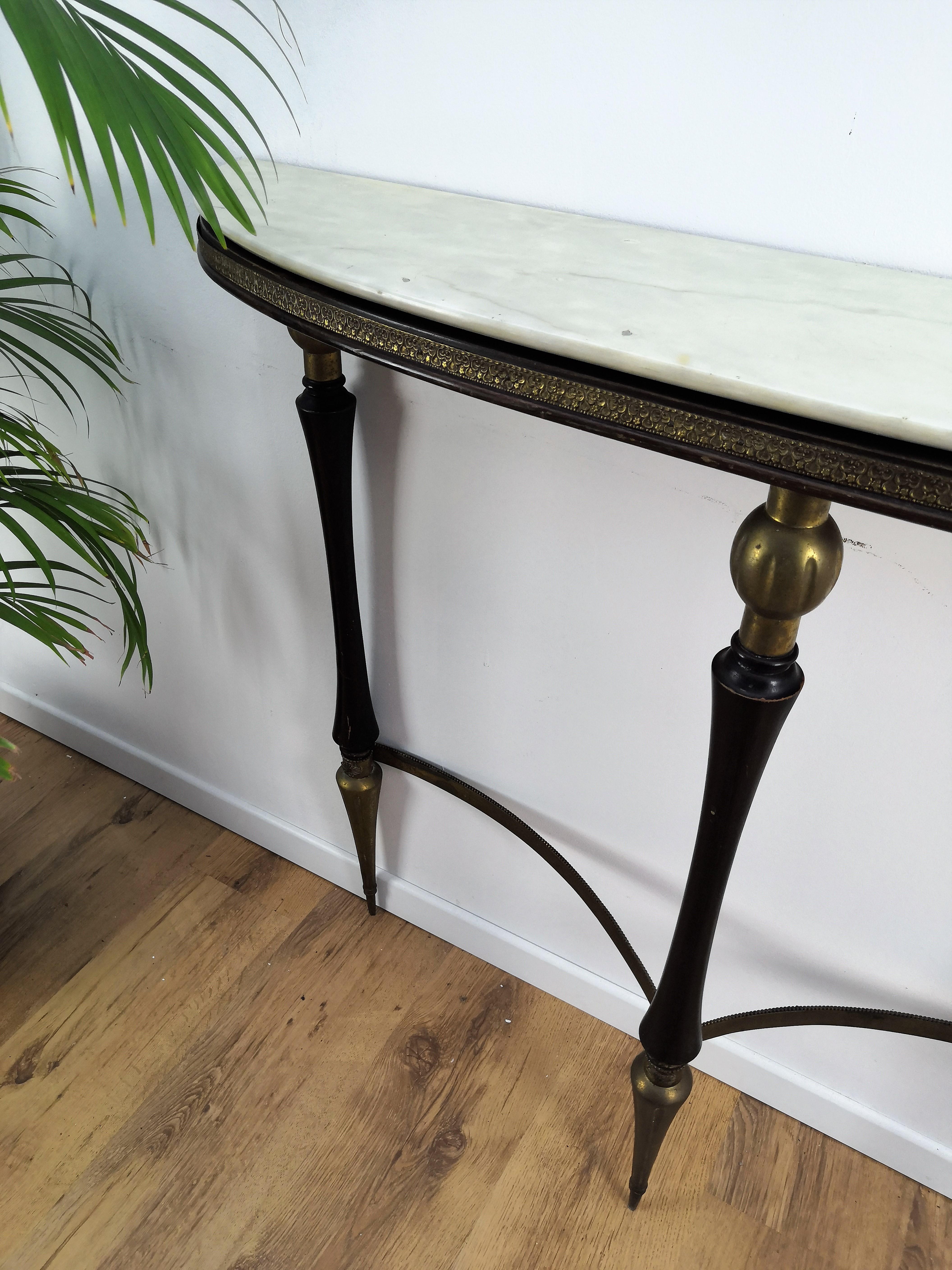 20th Century 1950s Midcentury Italian Wood and Brass Demilune Consolle Table with Marble top