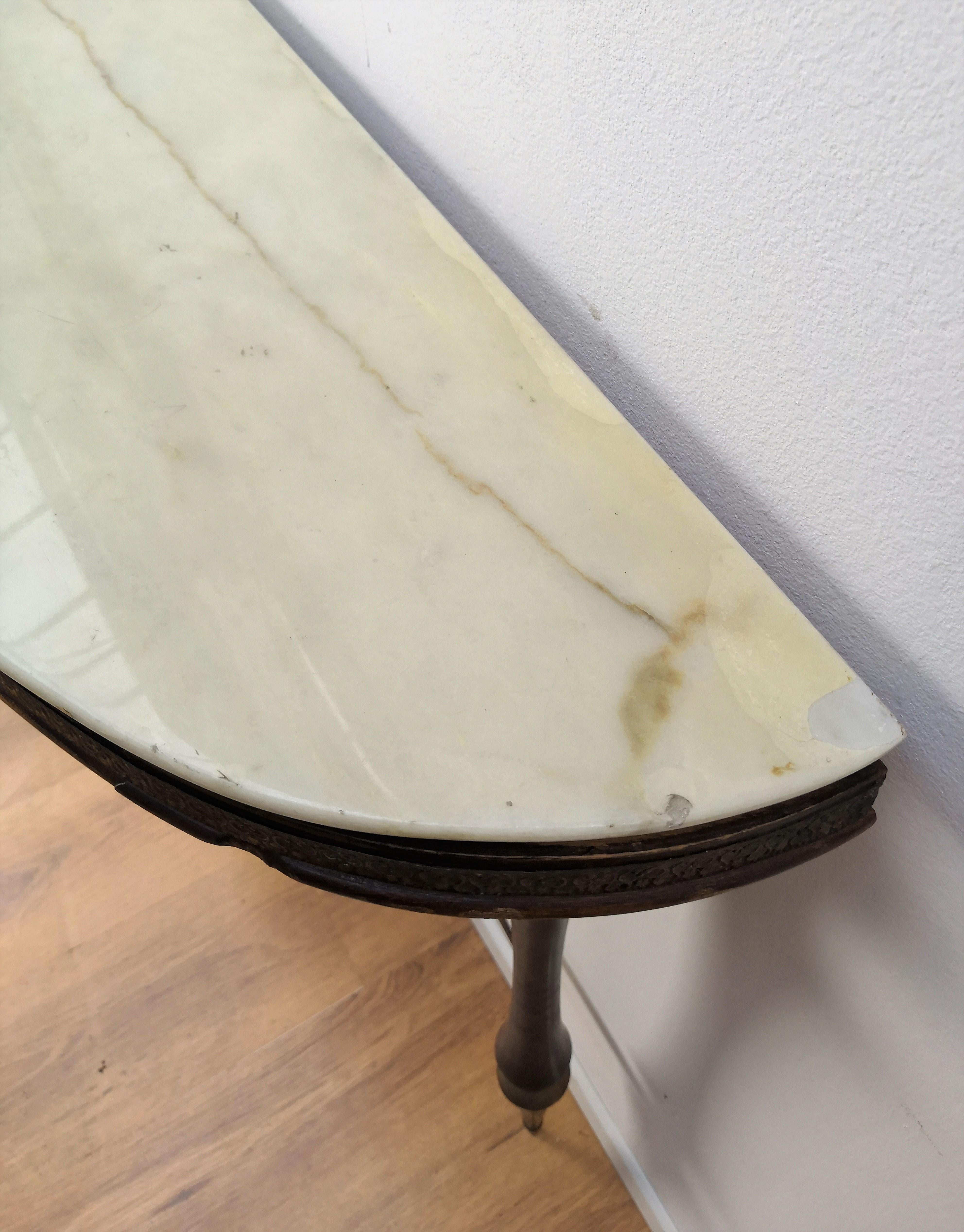 1950s Midcentury Italian Wood and Brass Demilune Consolle Table with Marble top 3