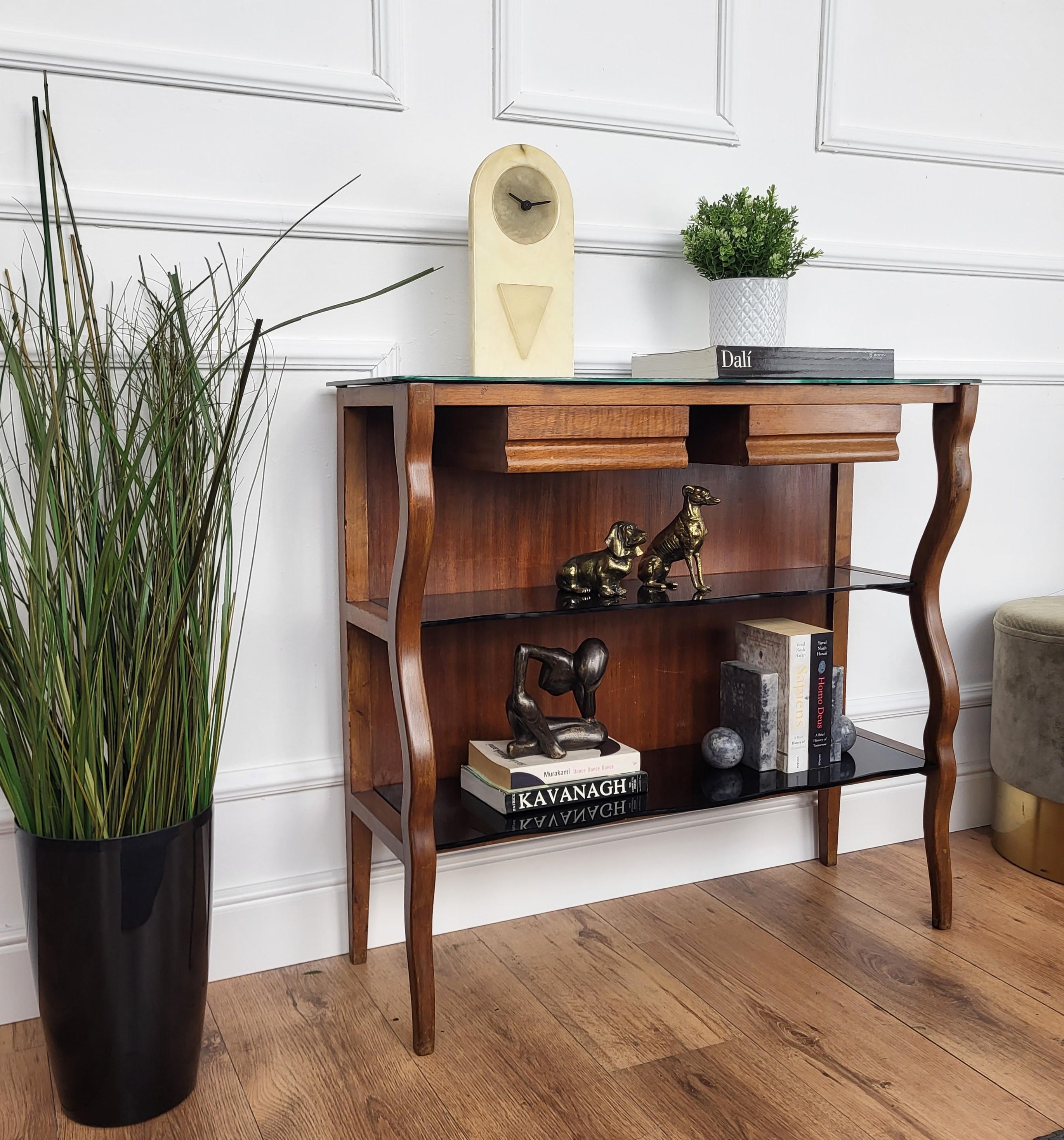 italien 1950s Mid-Century Italian Wood Black Glass Wall Console Table