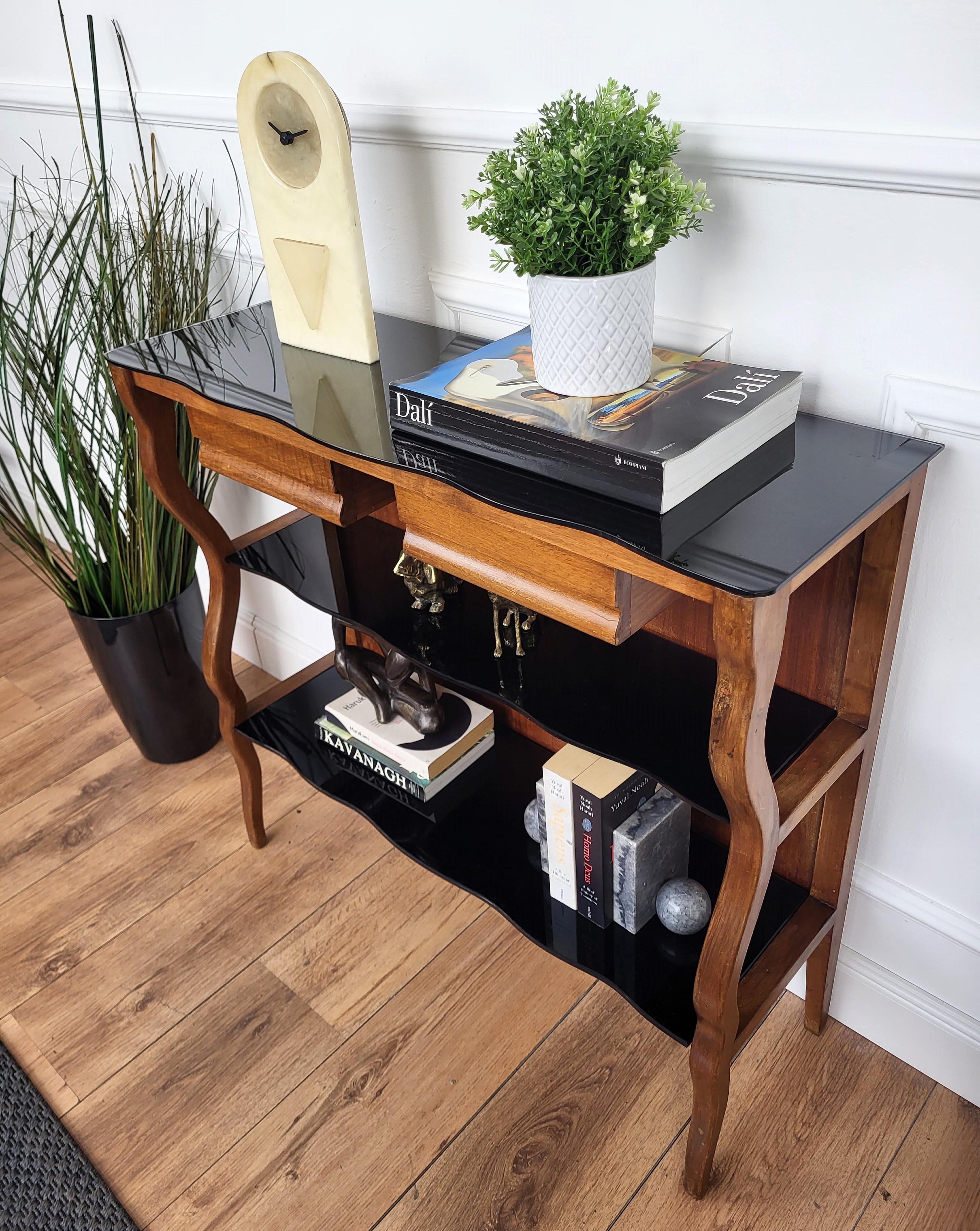 1950s Mid-Century Italian Wood Black Glass Wall Console Table Bon état à Carimate, Como