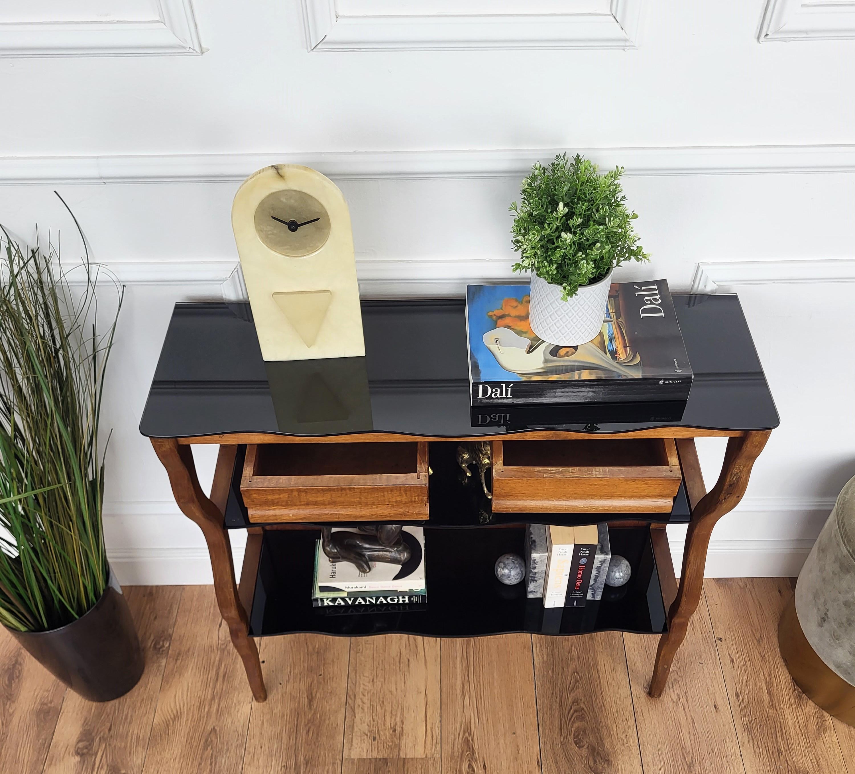 20ième siècle 1950s Mid-Century Italian Wood Black Glass Wall Console Table
