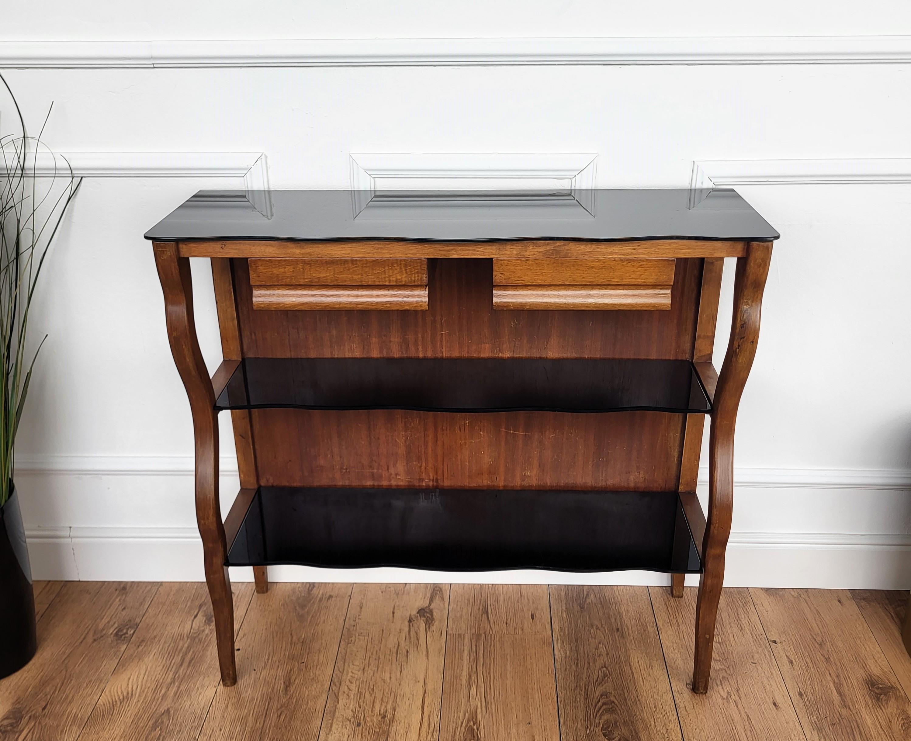 Bois 1950s Mid-Century Italian Wood Black Glass Wall Console Table