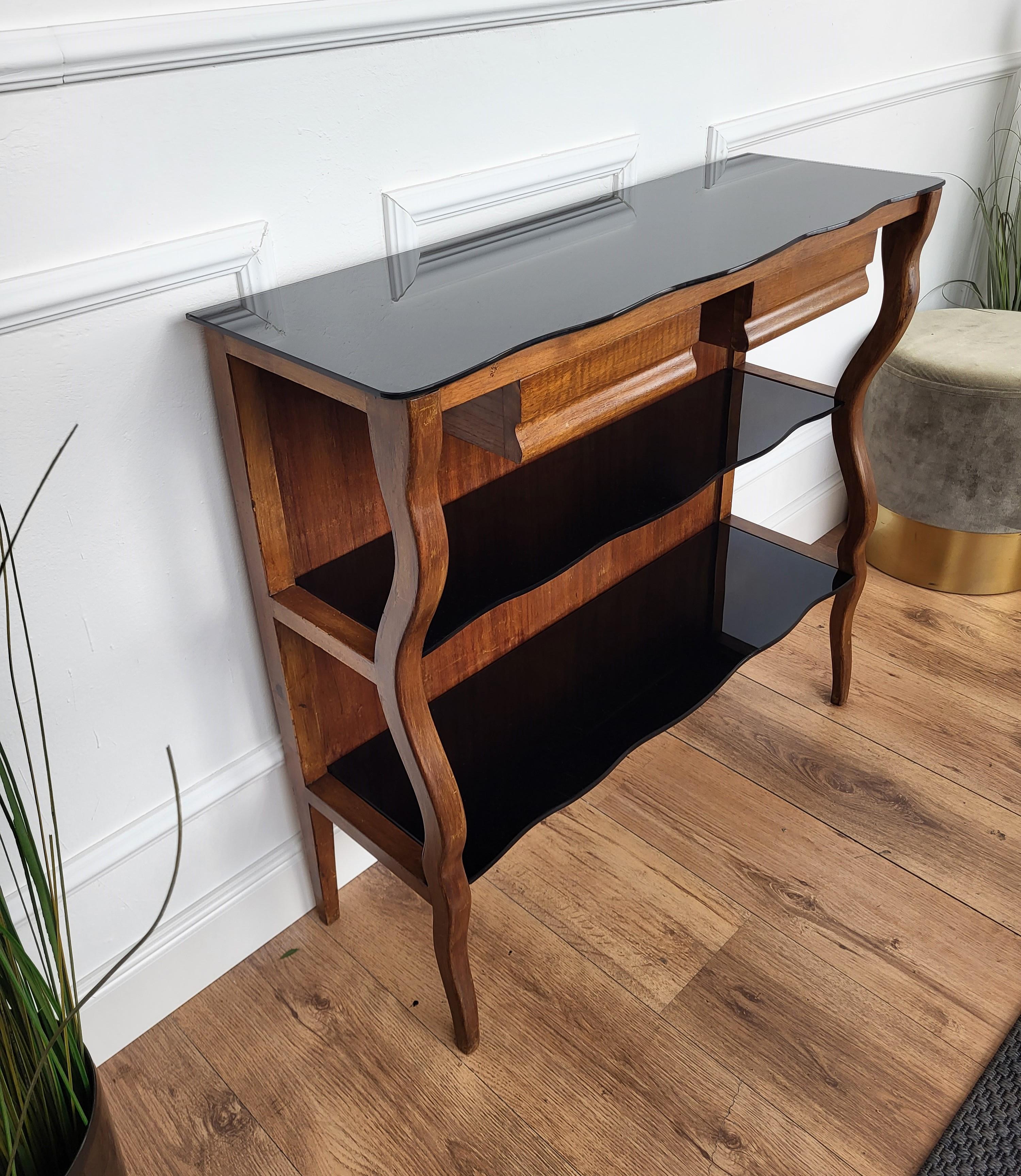 1950s Mid-Century Italian Wood Black Glass Wall Console Table 1