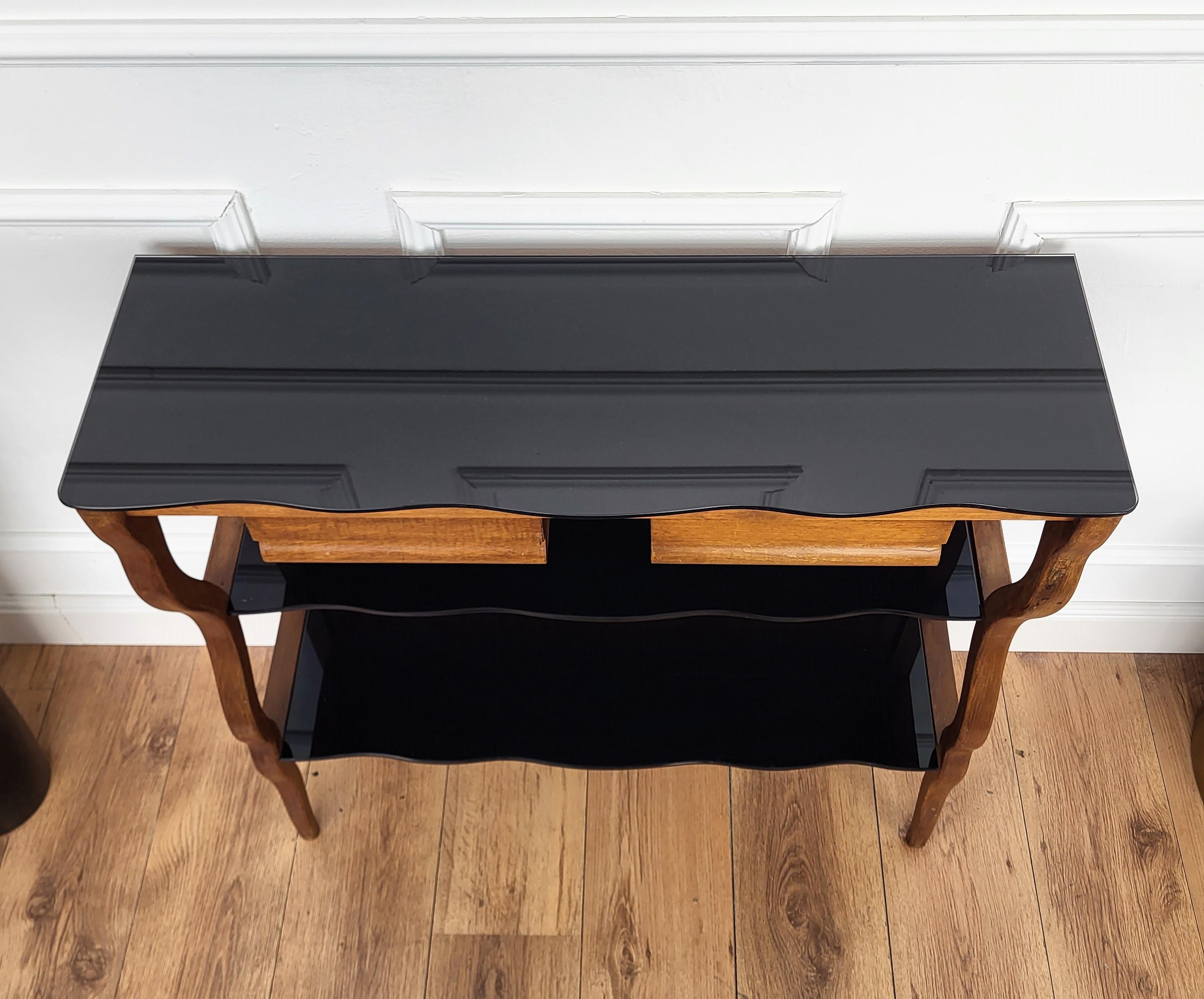 1950s Mid-Century Italian Wood Black Glass Wall Console Table 2