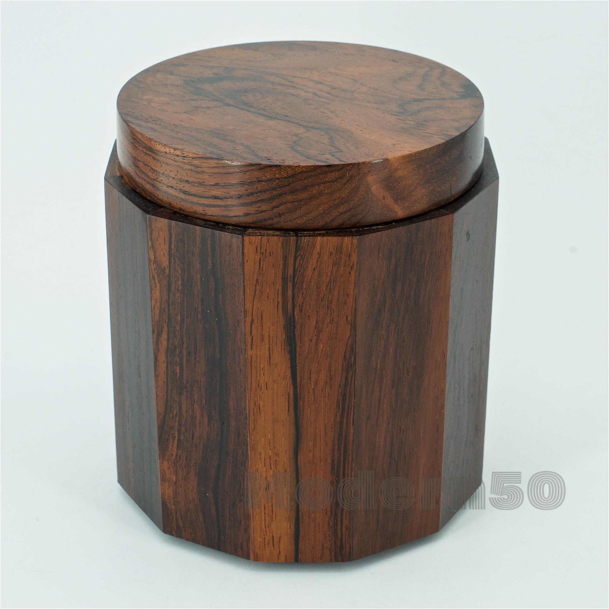 Heavy solid Brazilian rosewood lidded jar/box, weighing 1 lb. 11 oz. Possibly was designed as a humidor but does not smell of tobacco. Unmarked.