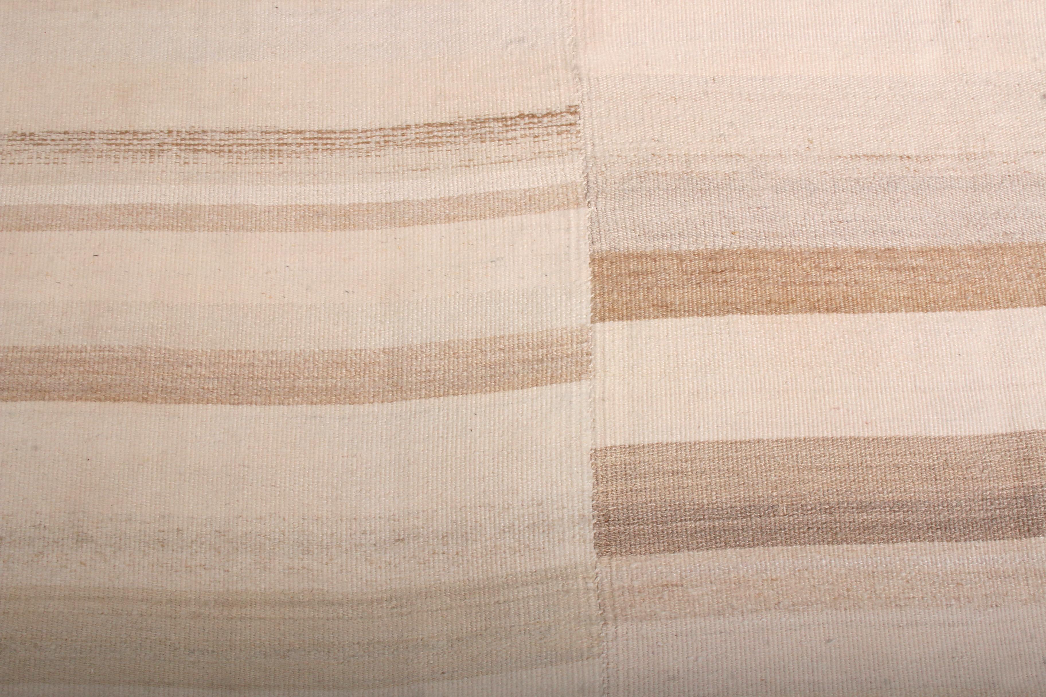 Turkish 1950s Midcentury Kilim Beige Brown Paneled Striped Vintage Flat-Weave