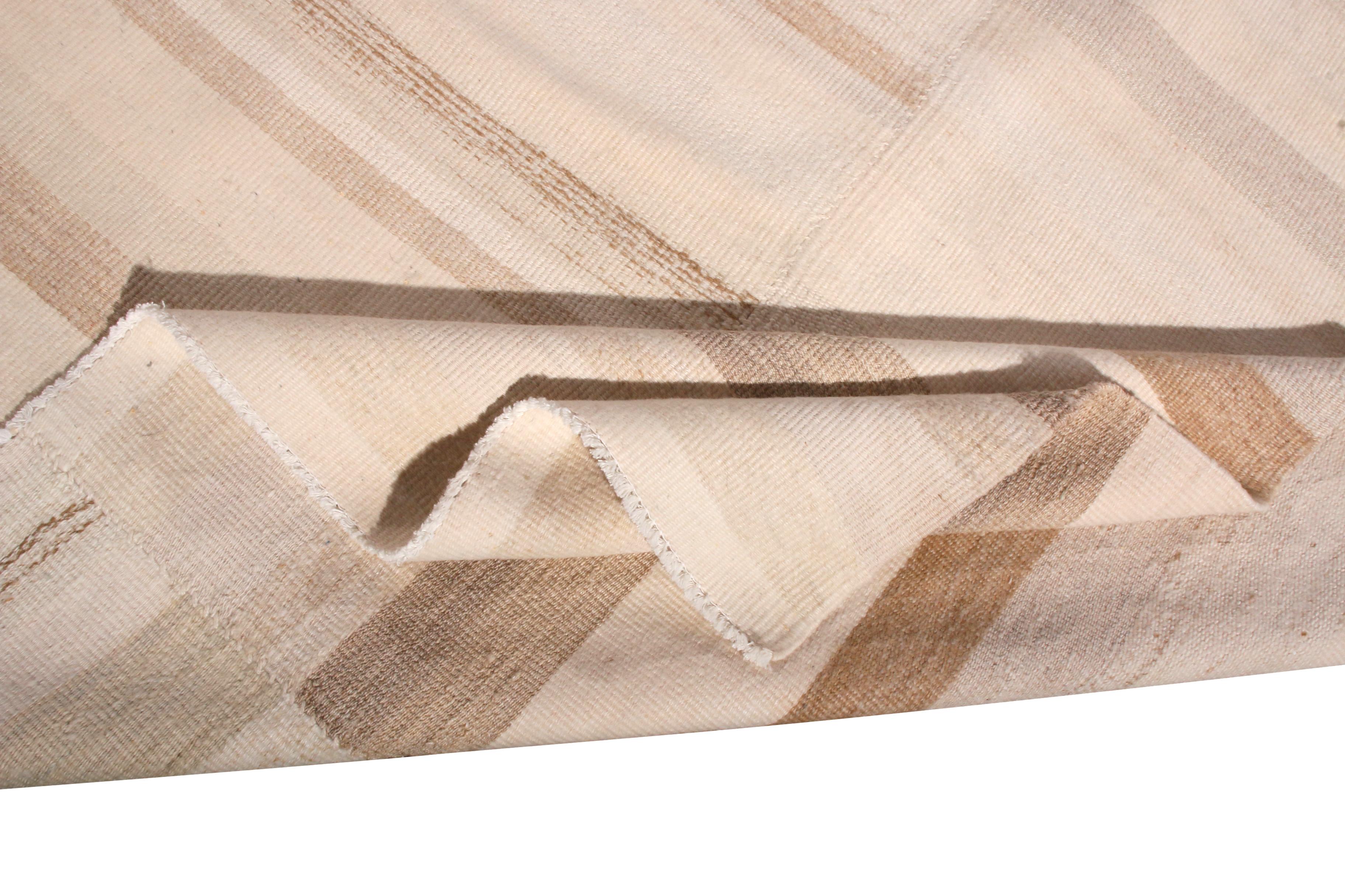 Hand-Woven 1950s Midcentury Kilim Beige Brown Paneled Striped Vintage Flat-Weave