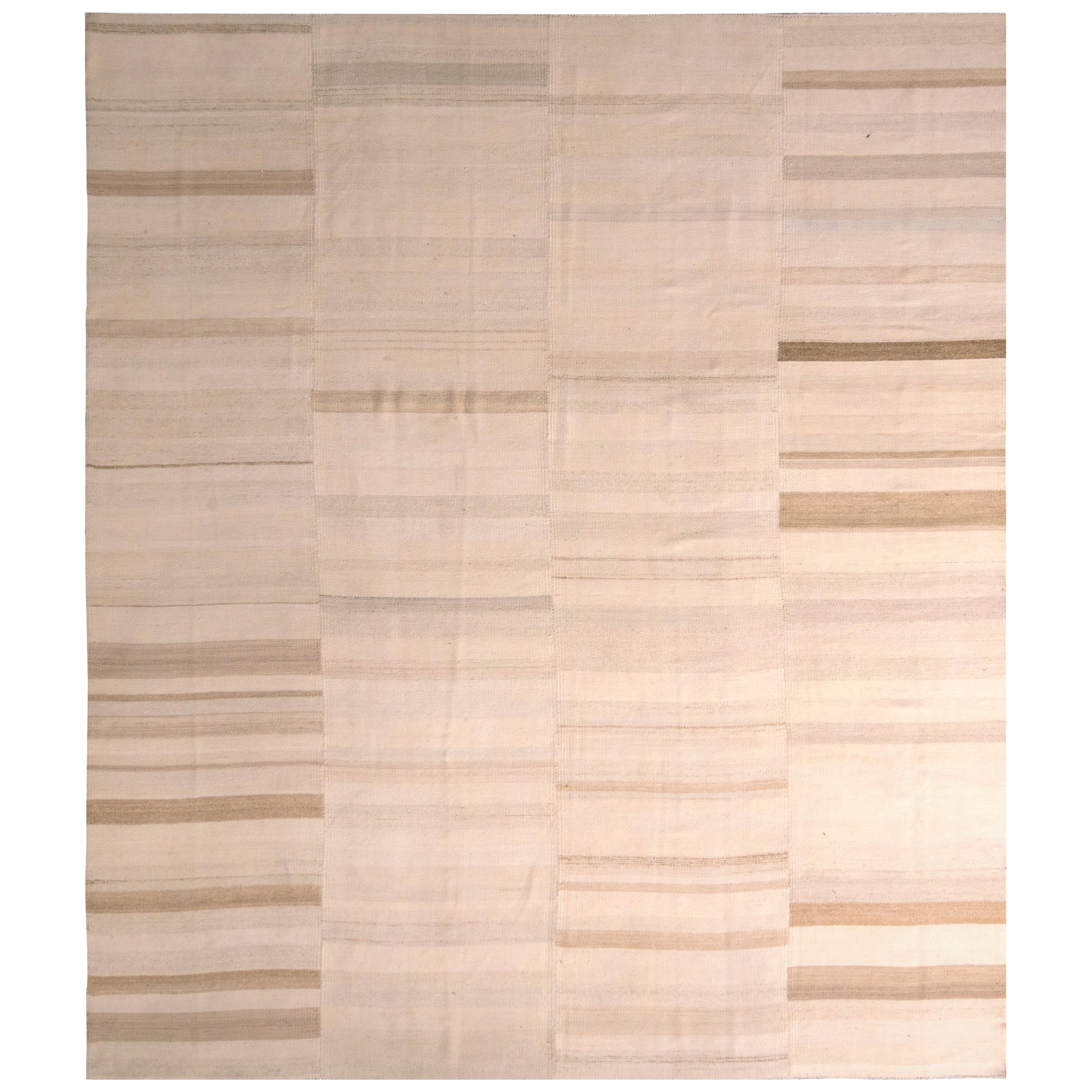 1950s Midcentury Kilim Beige Brown Paneled Striped Vintage Flat-Weave