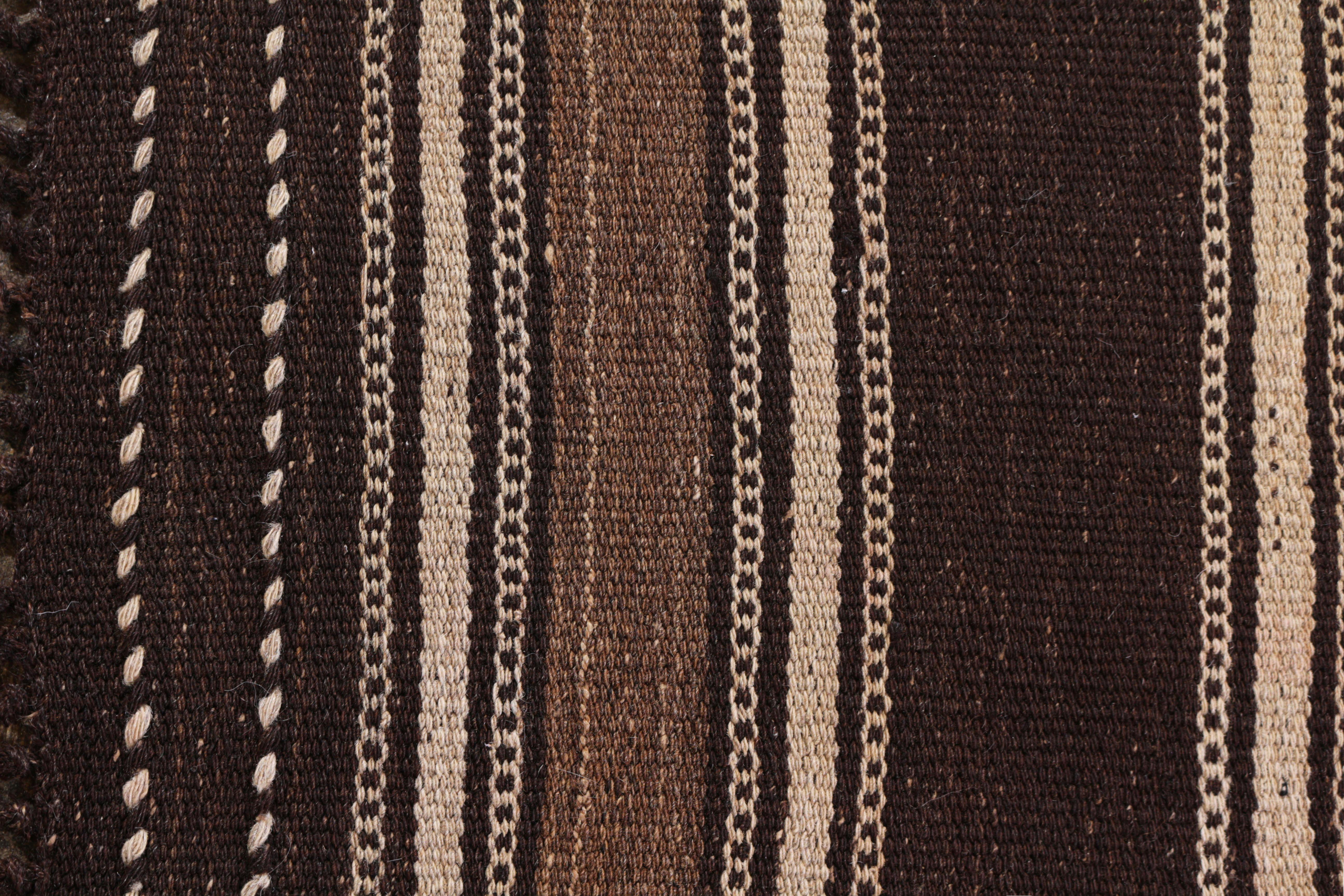 Turkish 1950s Midcentury Kilim Beige Brown Striped Vintage Flat-Weave