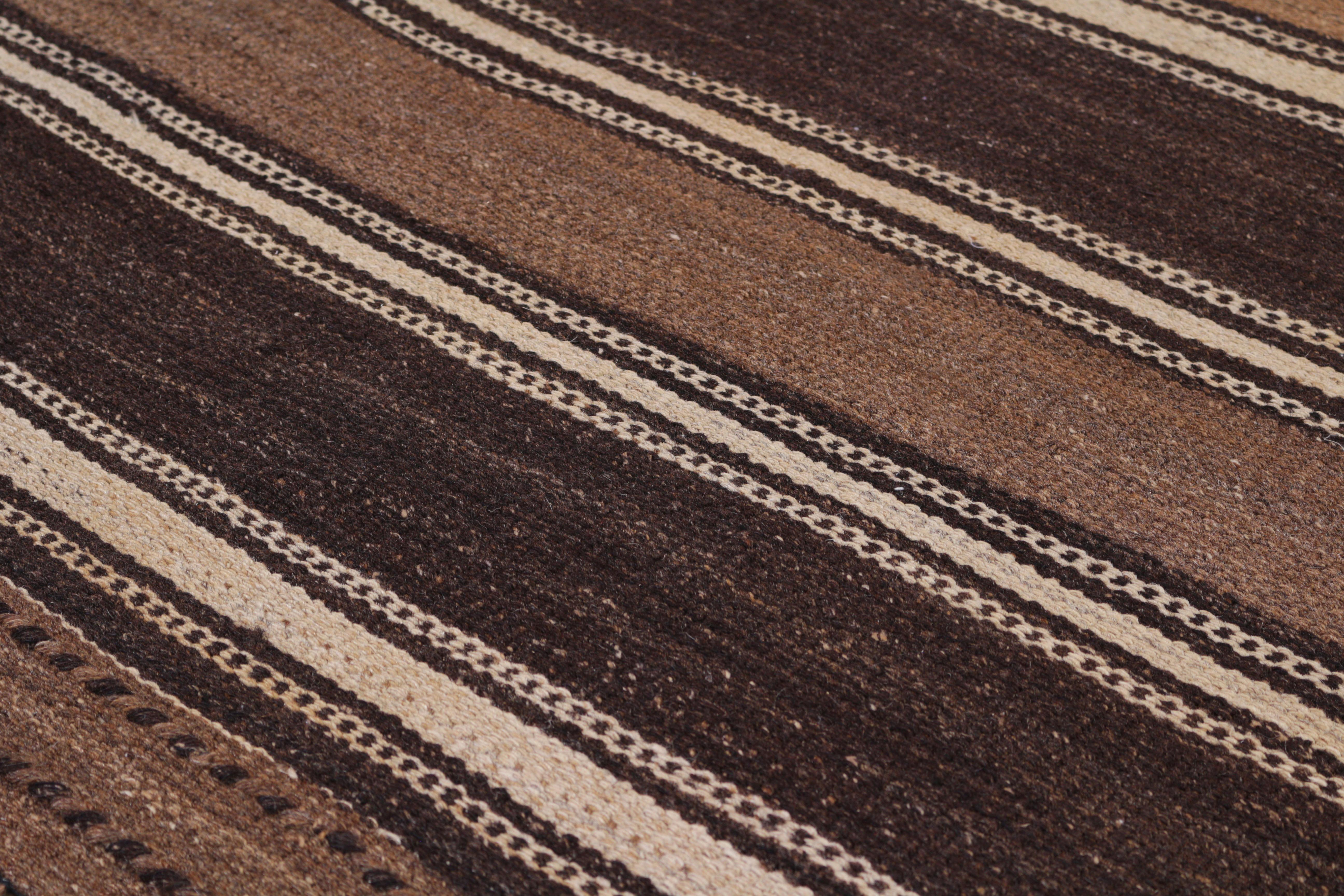 Hand-Woven 1950s Midcentury Kilim Beige Brown Striped Vintage Flat-Weave