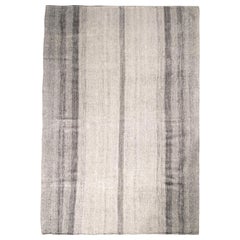 1950s Midcentury Kilim Silver Gray Vintage Striped Pattern Flat-Weave