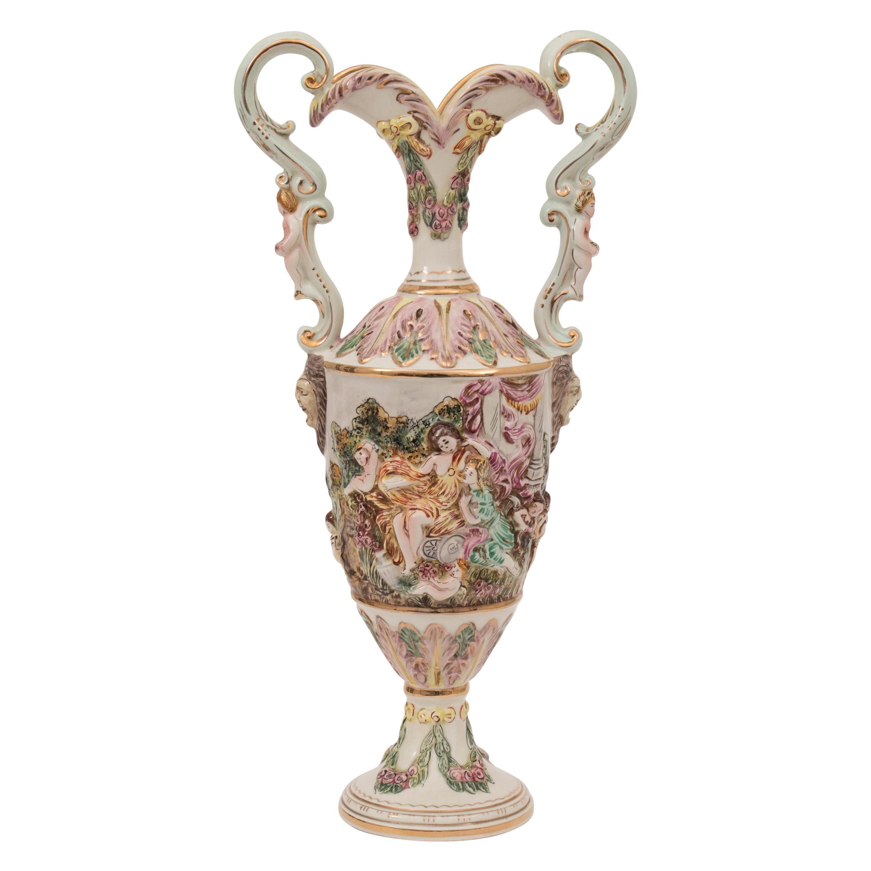 1950s Midcentury Large Italian Capodimonte Porcelain Two-Handled Urn Pitcher