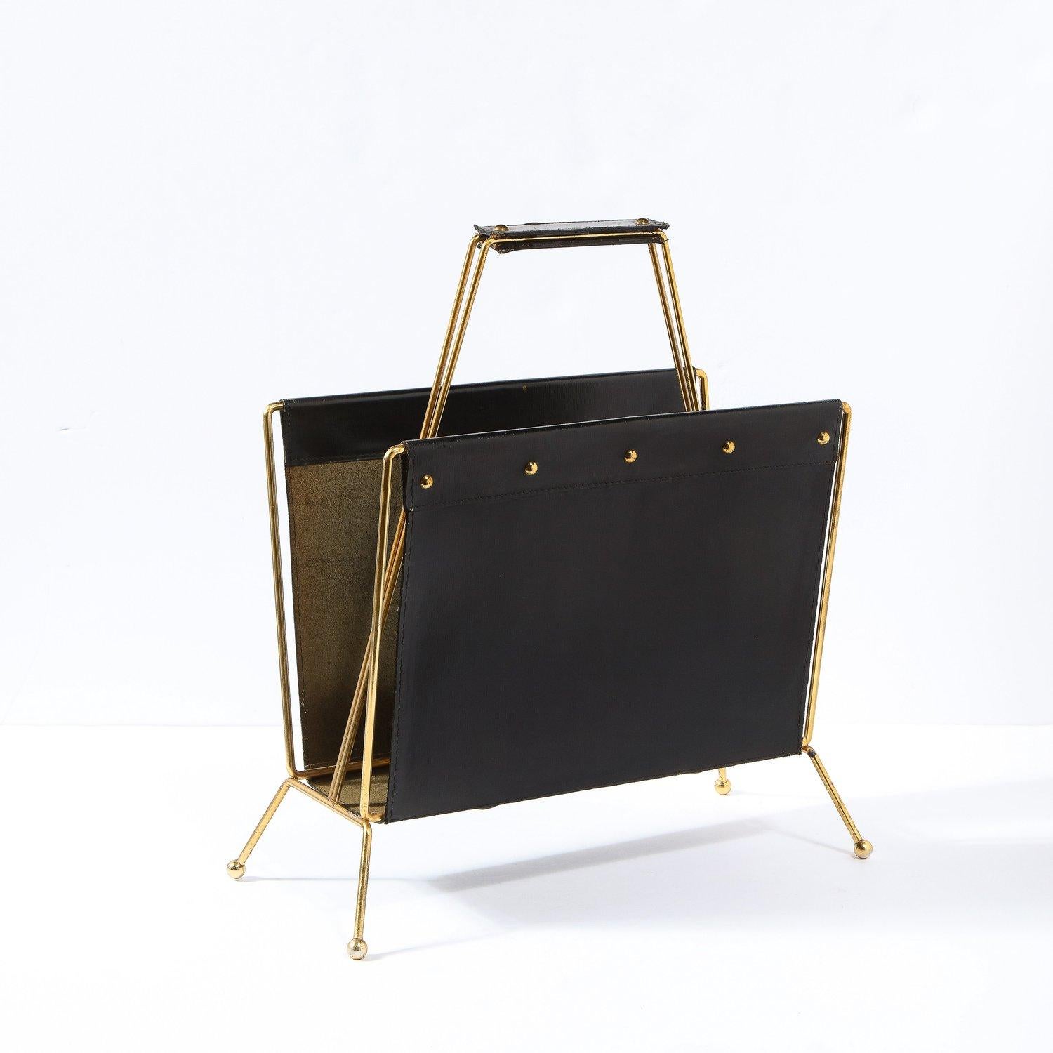 1950s Mid- Century Leather and Brass Adnet Style Magazine Stand en vente 3