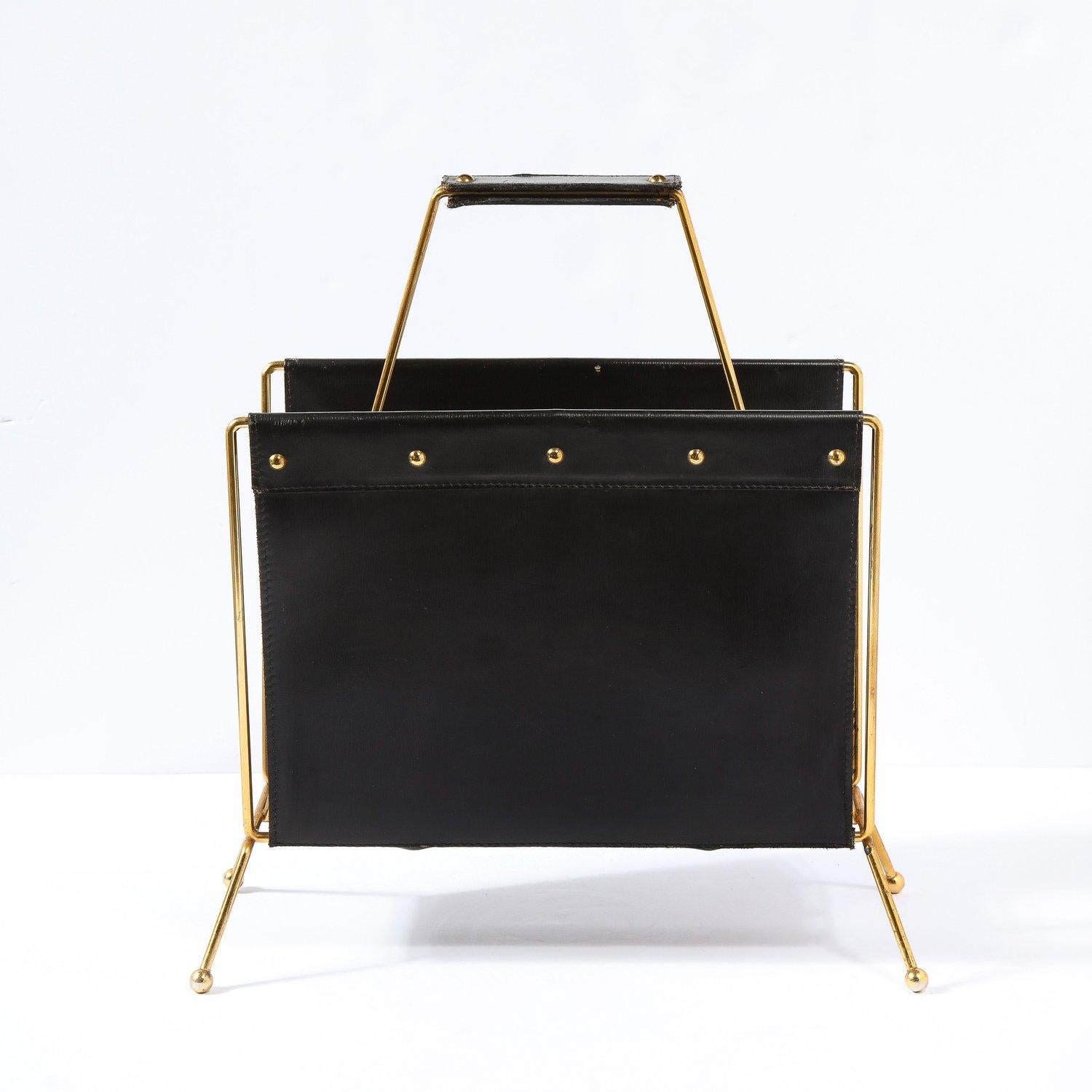 1950s Mid- Century Leather and Brass Adnet Style Magazine Stand en vente 4