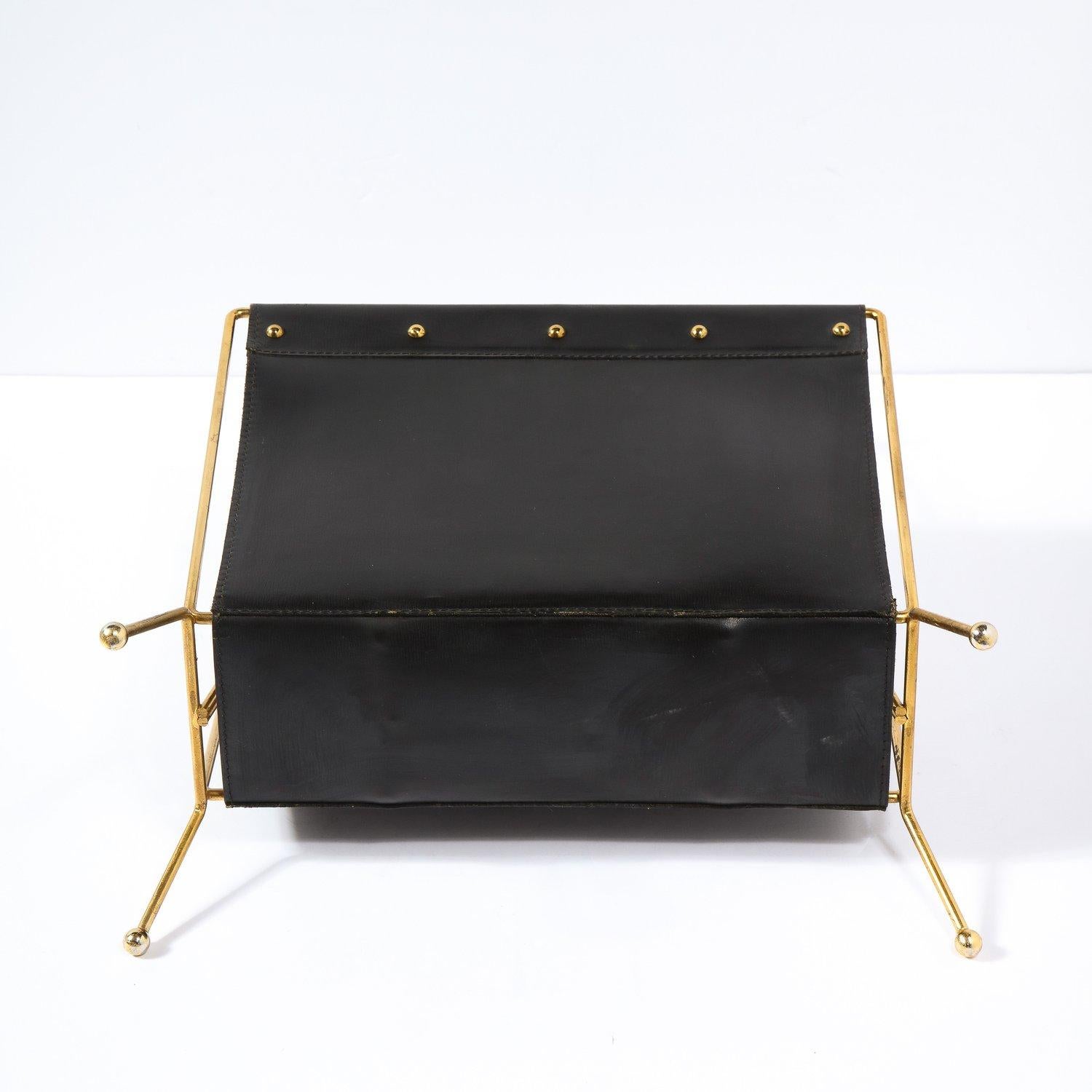 1950s Mid- Century Leather and Brass Adnet Style Magazine Stand en vente 7
