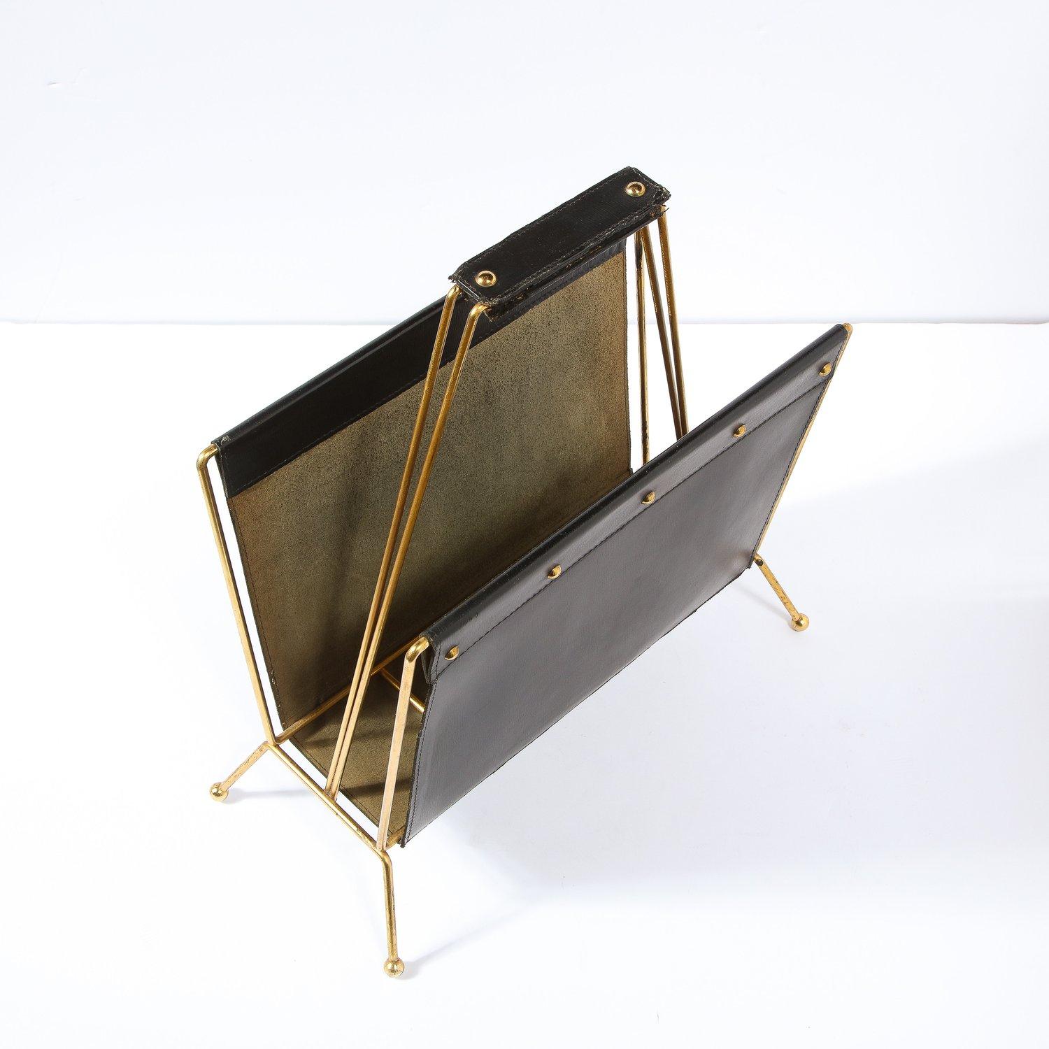 1950s Mid- Century Leather and Brass Adnet Style Magazine Stand en vente 8
