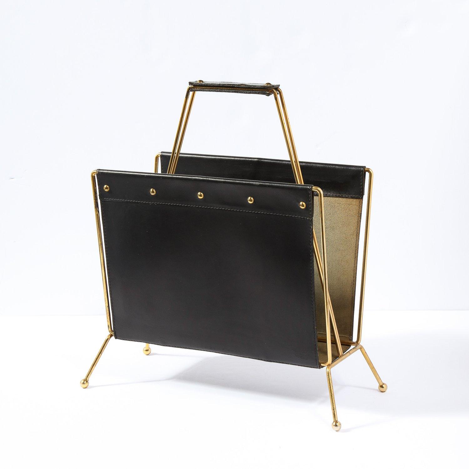 Mid-Century Modern 1950s Mid- Century Leather and Brass Adnet Style Magazine Stand en vente