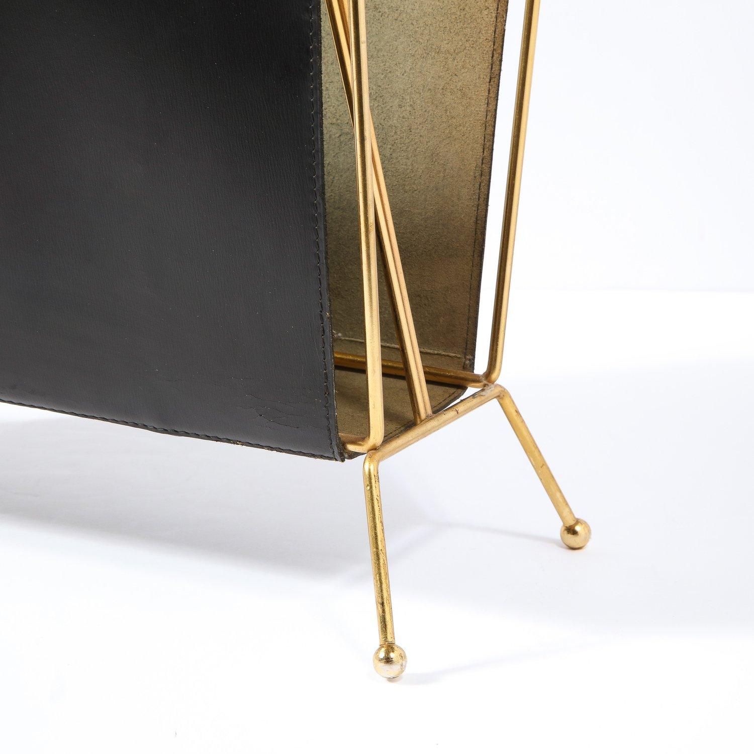 Français 1950s Mid- Century Leather and Brass Adnet Style Magazine Stand en vente