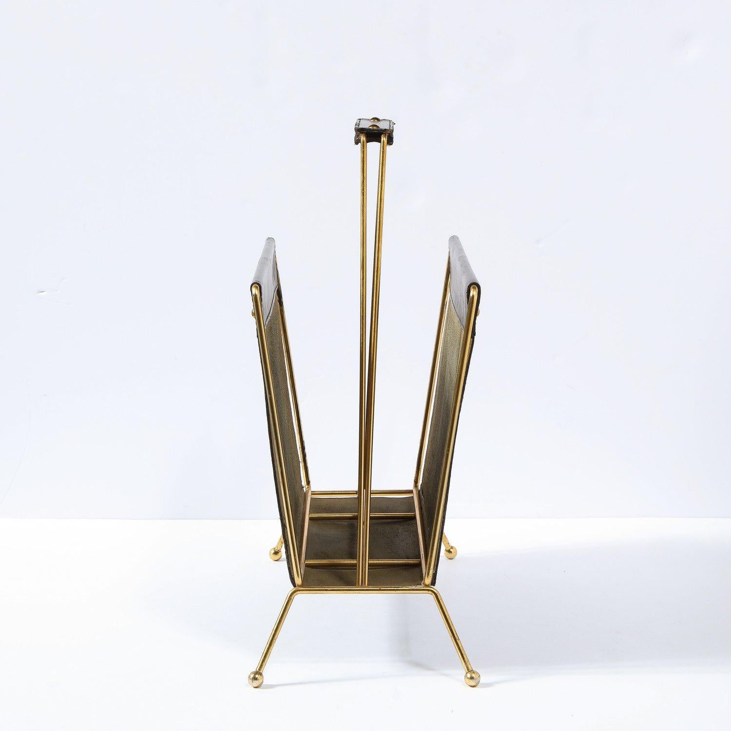 Laiton 1950s Mid- Century Leather and Brass Adnet Style Magazine Stand en vente