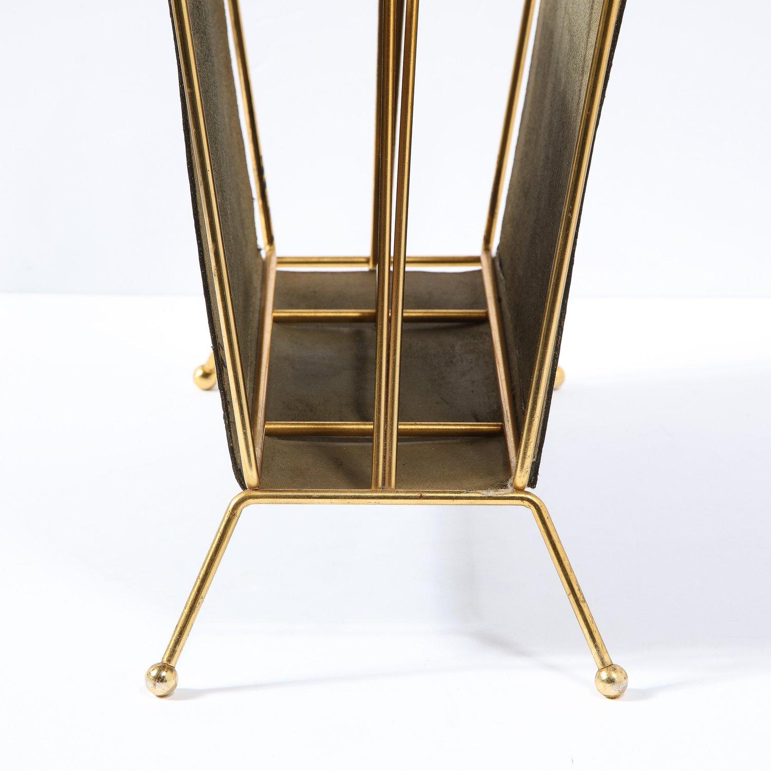 1950s Mid- Century Leather and Brass Adnet Style Magazine Stand en vente 1
