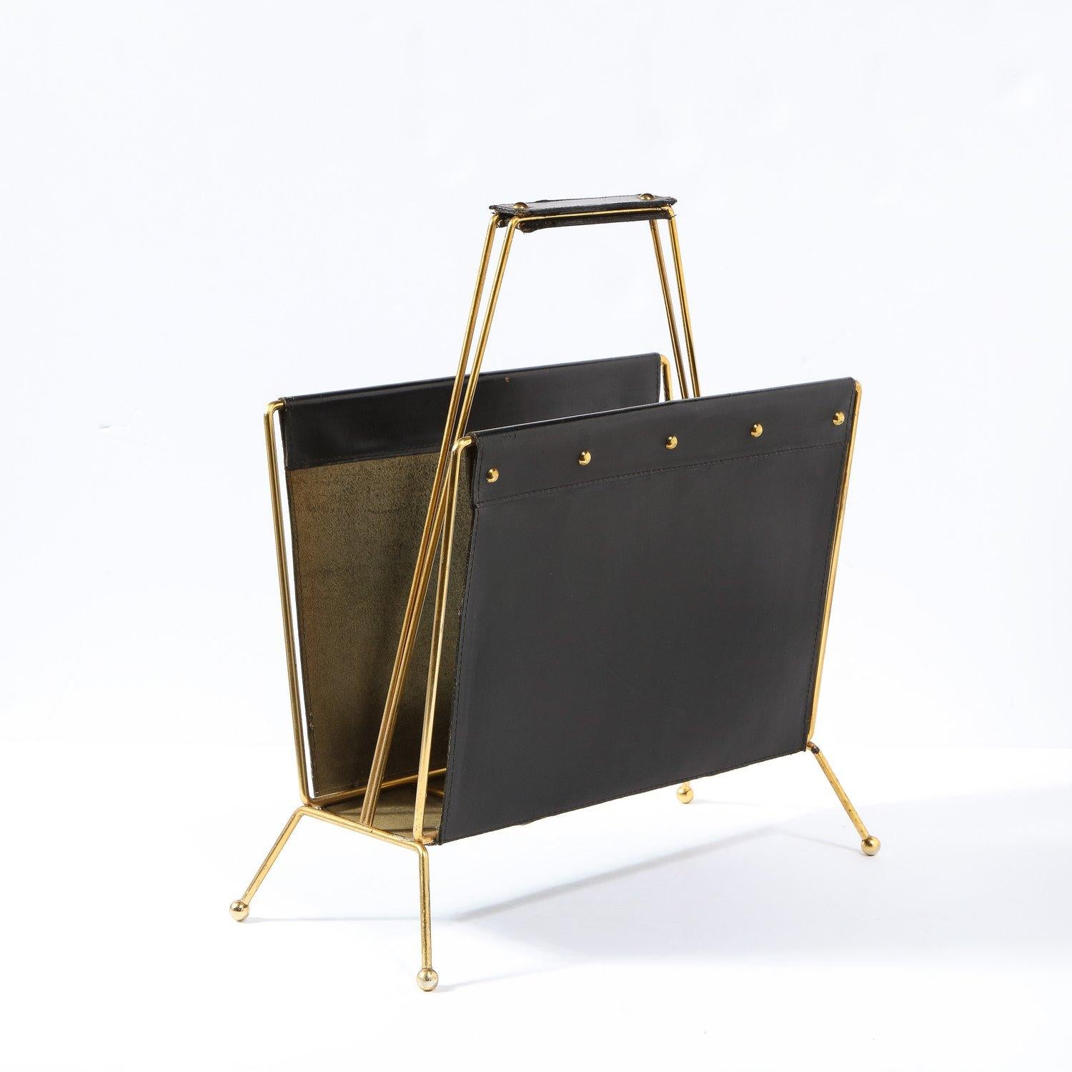 1950s Mid- Century Leather and Brass Adnet Style Magazine Stand en vente 2