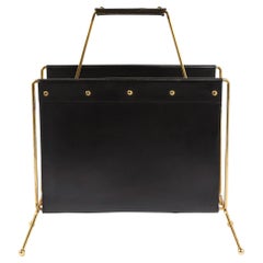 1950s Mid- Century Leather and Brass Adnet Style Magazine Stand