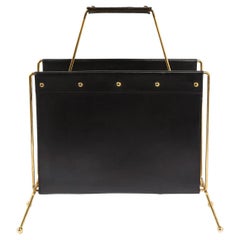 1950s Mid- Century Leather and Brass Adnet Style Magazine Stand