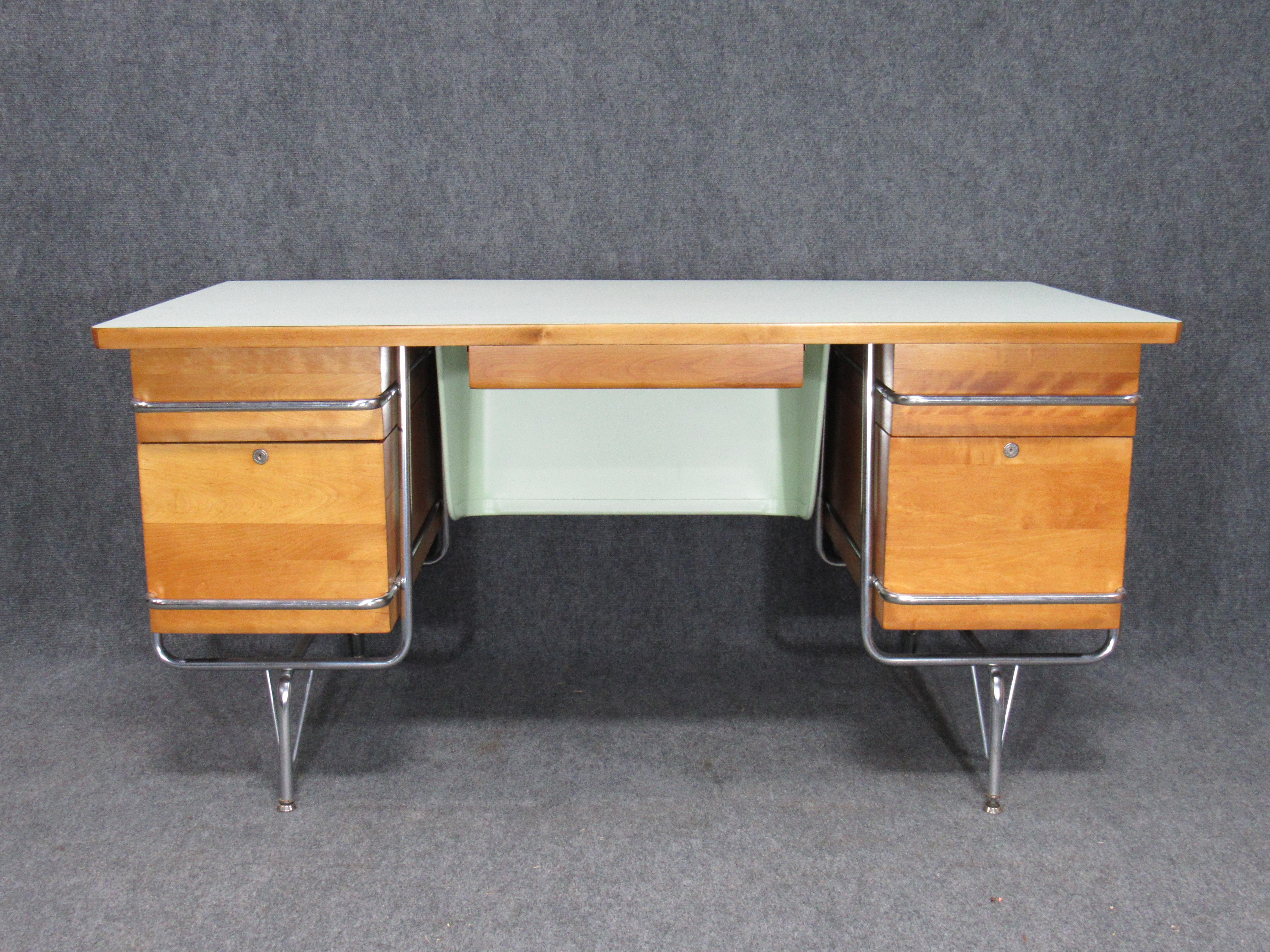 1950s Mid-Century Modern Heywood-Wakefield Trimline model chrome and chrome desk designed by KEM Weber. Originally designed as a school teachers desk.