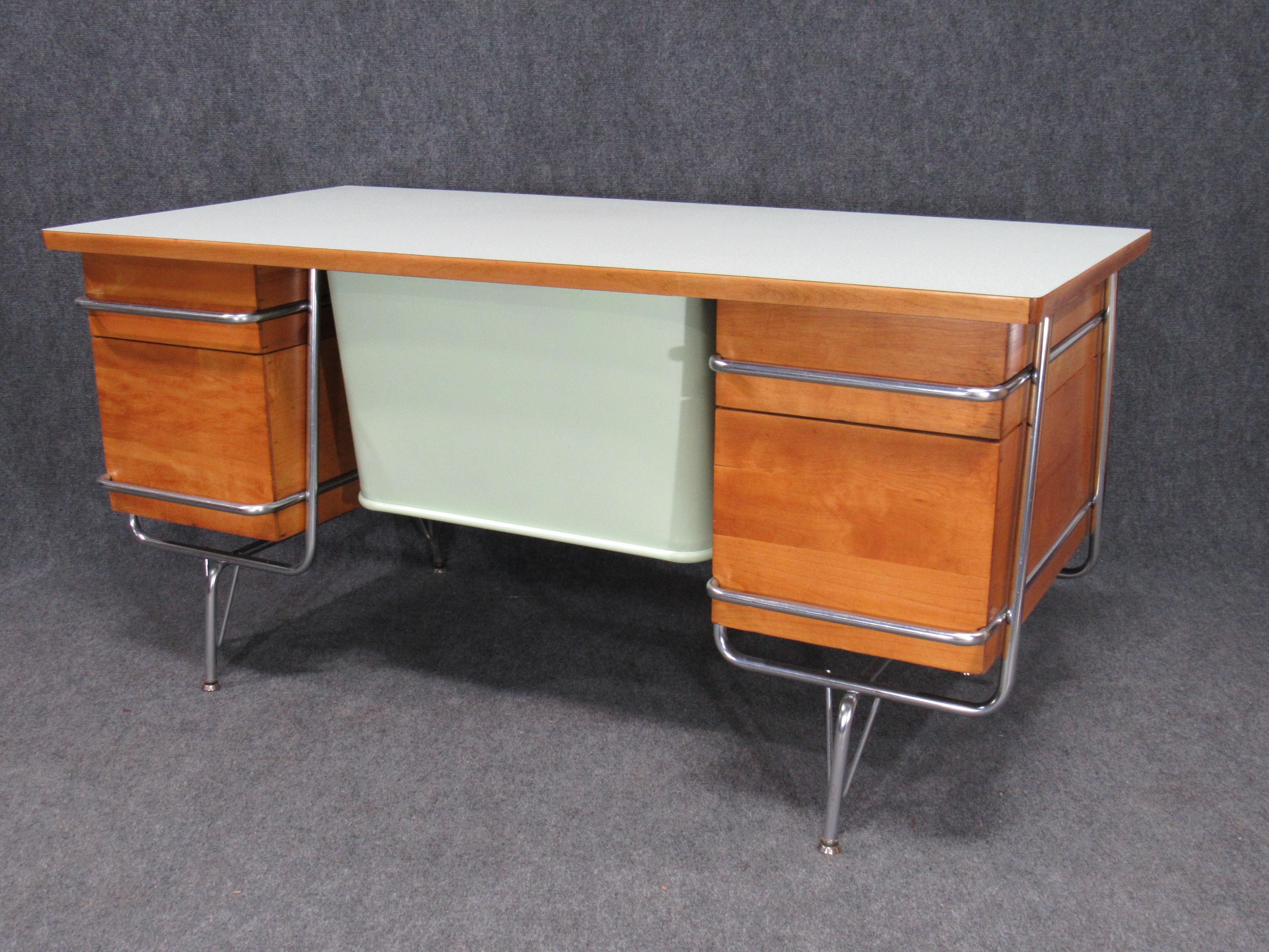 Mid-Century Modern 1950s Midcentury Maple/Chrome Trimline Desk by KEM Weber for Heywood Wakefield