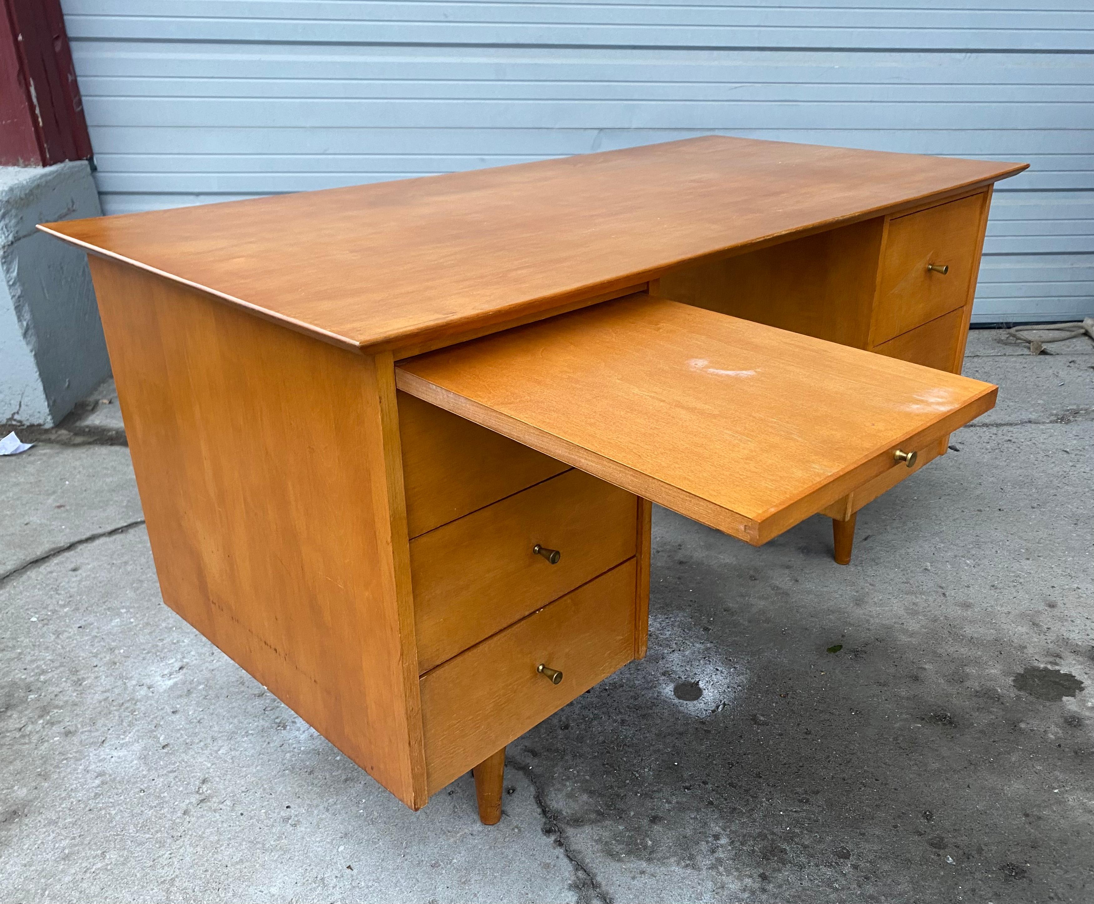 Brass 1950s Mid Century Maple Double Pedestal Desk by Paul McCobb/Planner Group