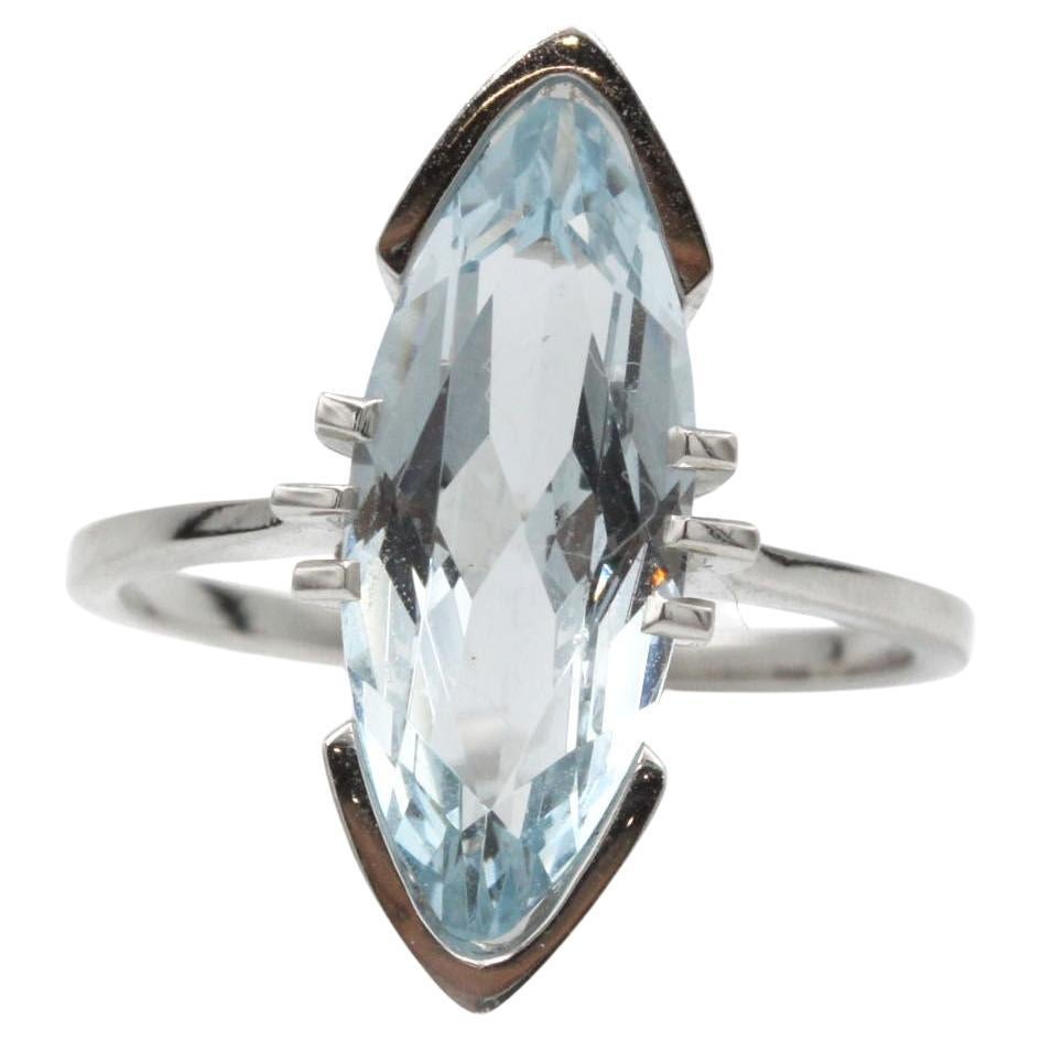 1950s Mid-Century Marquise Aquamarine Solitaire Ring in 18K White Gold