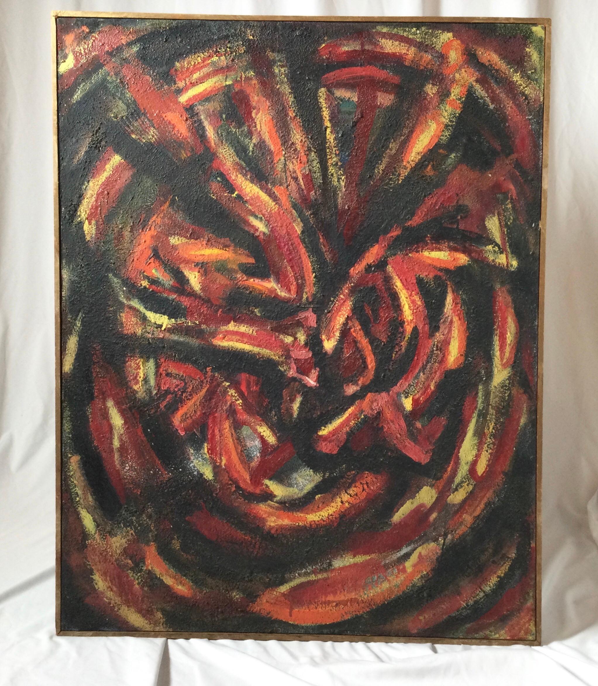 A fine 1950's American school abstract expressionist painting with the original artist frame. Signed on back. Heavy paint and texture. Measures: 28 1/2