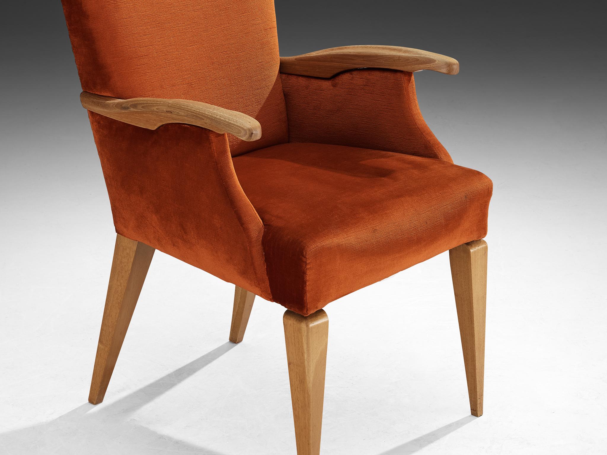 Italian 1950s Mid-Century Modern Armchair in Cherry and Burnt Orange Velvet For Sale