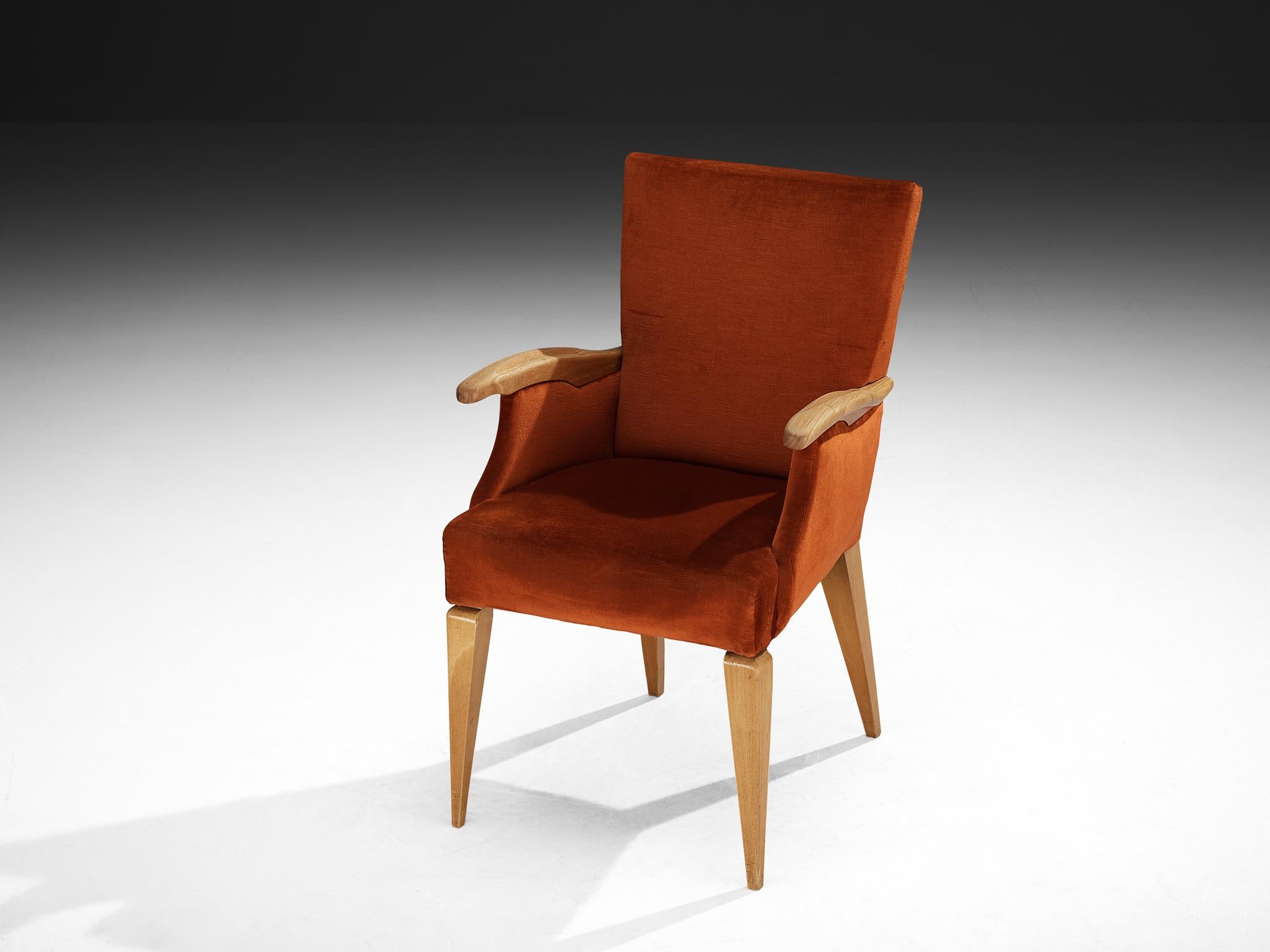 1950s Mid-Century Modern Armchair in Cherry and Burnt Orange Velvet In Good Condition For Sale In Waalwijk, NL