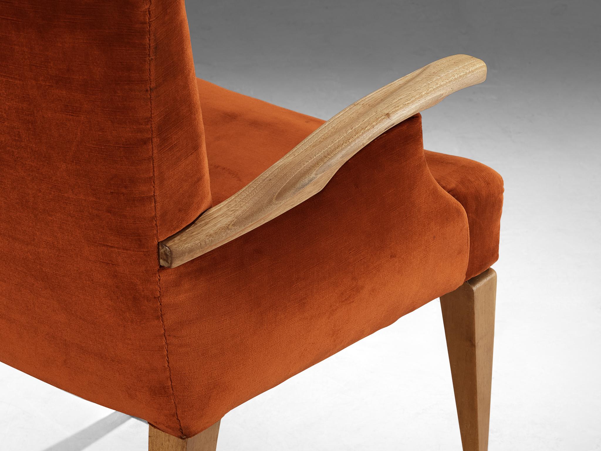 Mid-20th Century 1950s Mid-Century Modern Armchair in Cherry and Burnt Orange Velvet For Sale