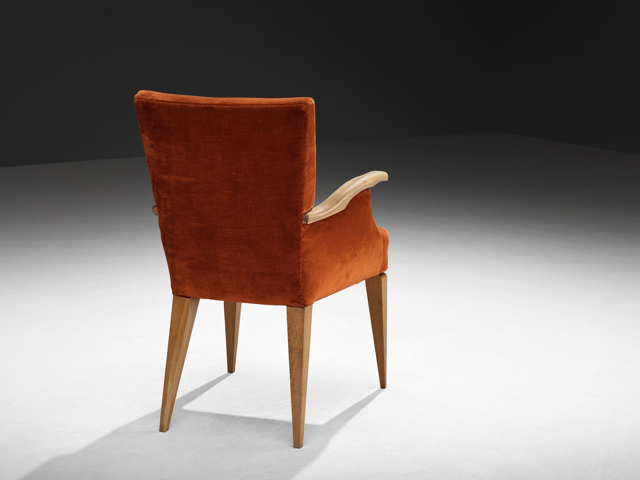 Fabric 1950s Mid-Century Modern Armchair in Cherry and Burnt Orange Velvet For Sale