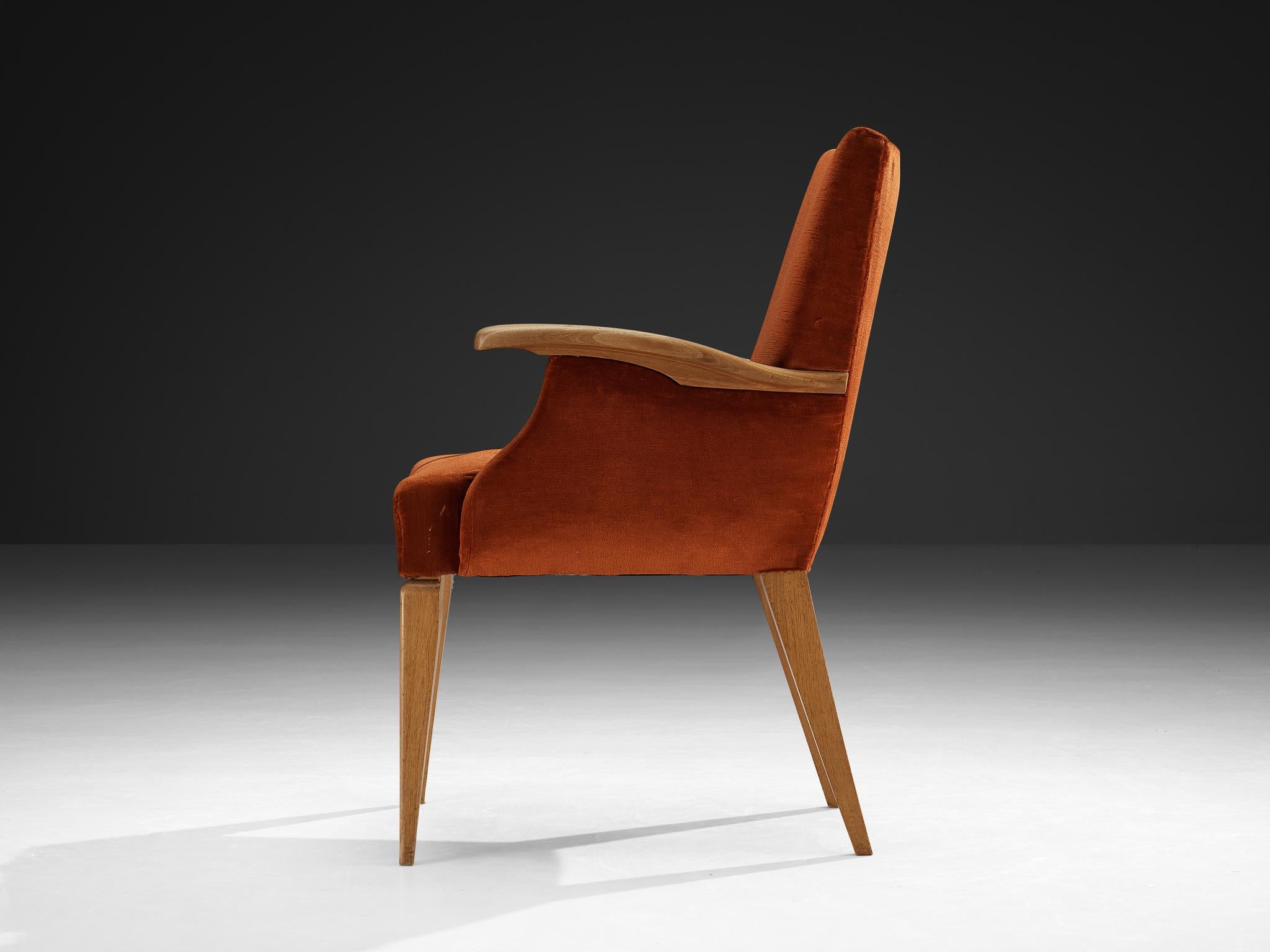 1950s Mid-Century Modern Armchair in Cherry and Burnt Orange Velvet For Sale 1