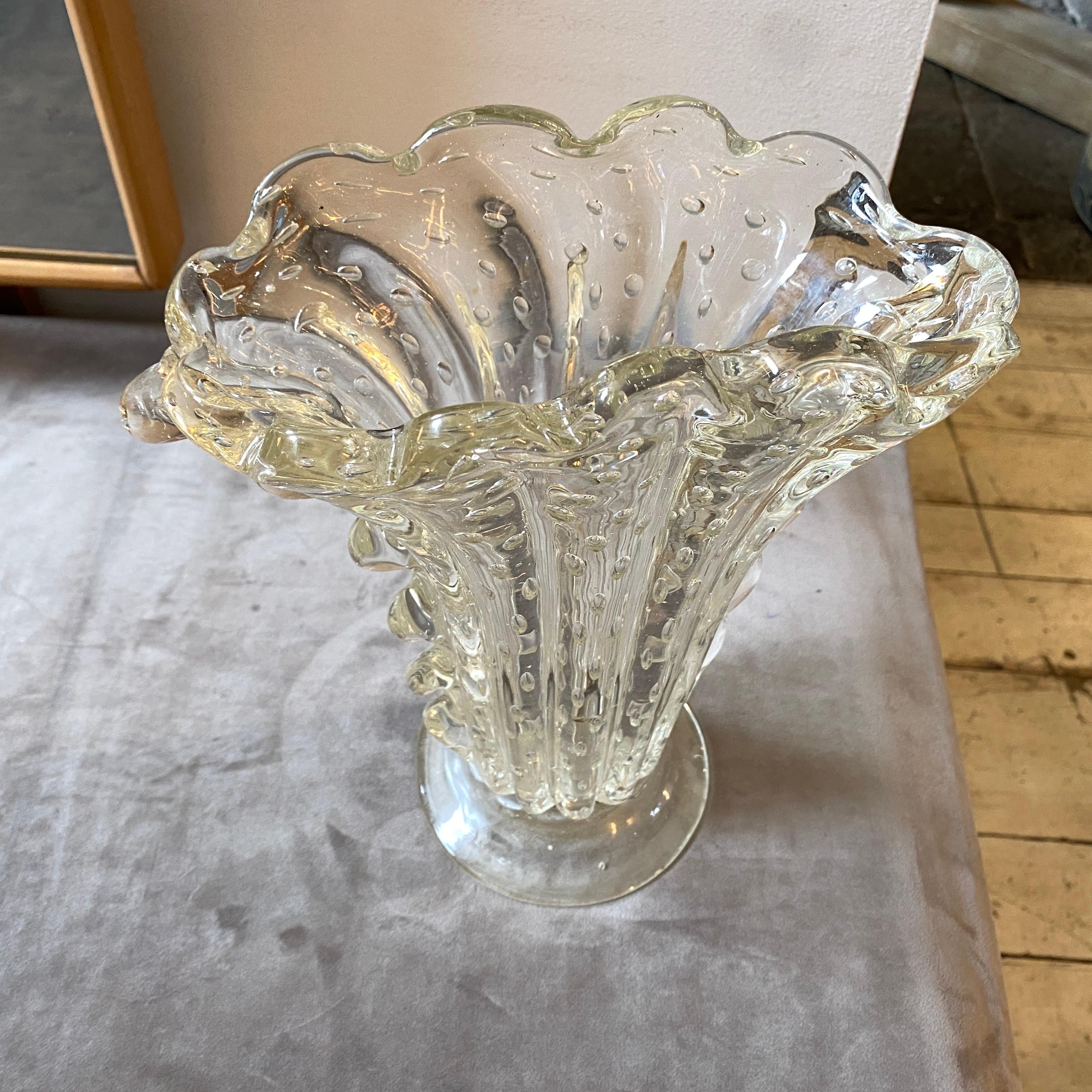 A Bullicante Murano glass vase made in Italy in the Fifties by world famous manufacturer Barovier. The vase it's in perfect conditions, its shape, color and dimensions are Barovier iconic.
