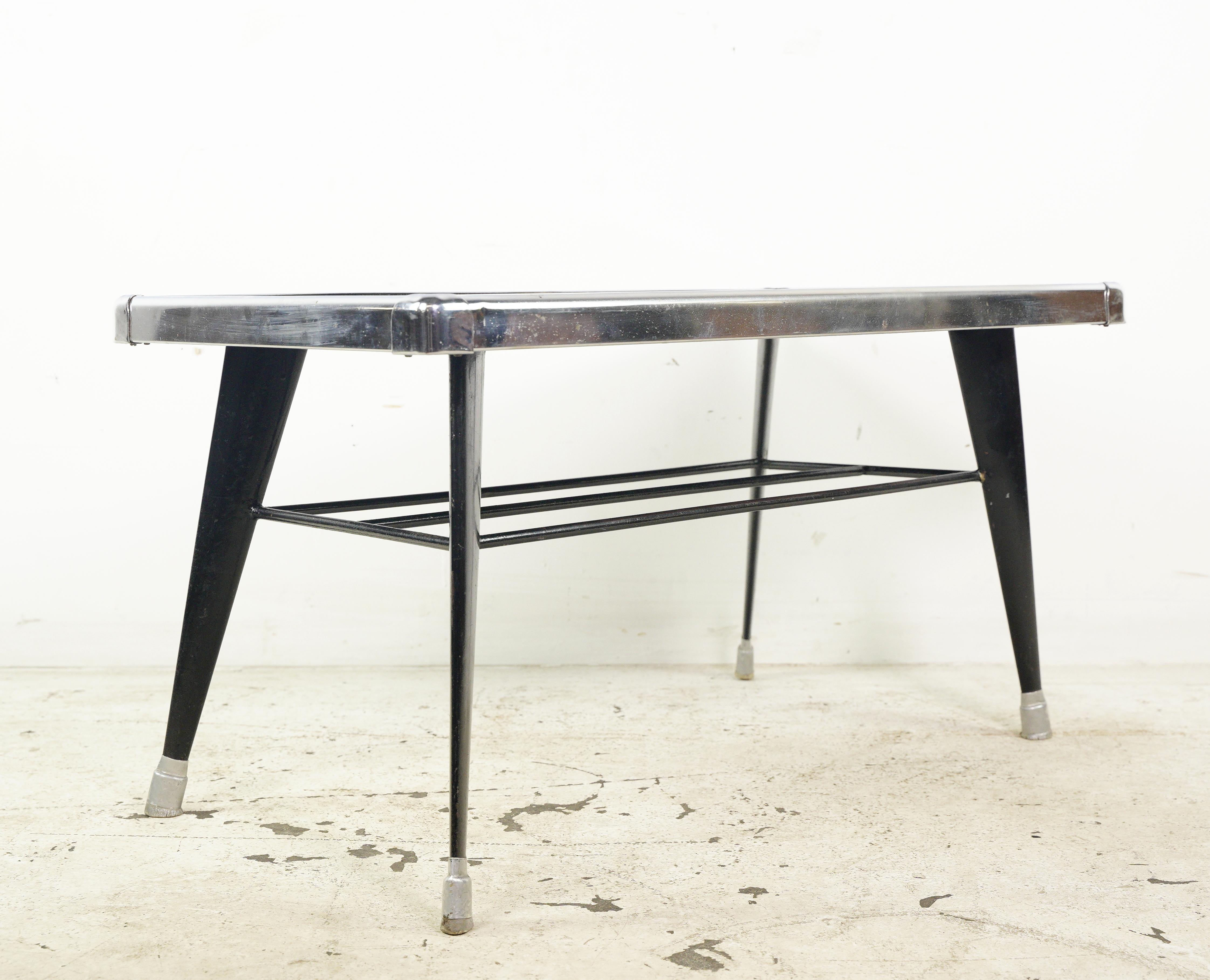 European 1950s Mid-Century Modern Black Glass & Steel Coffee Table For Sale