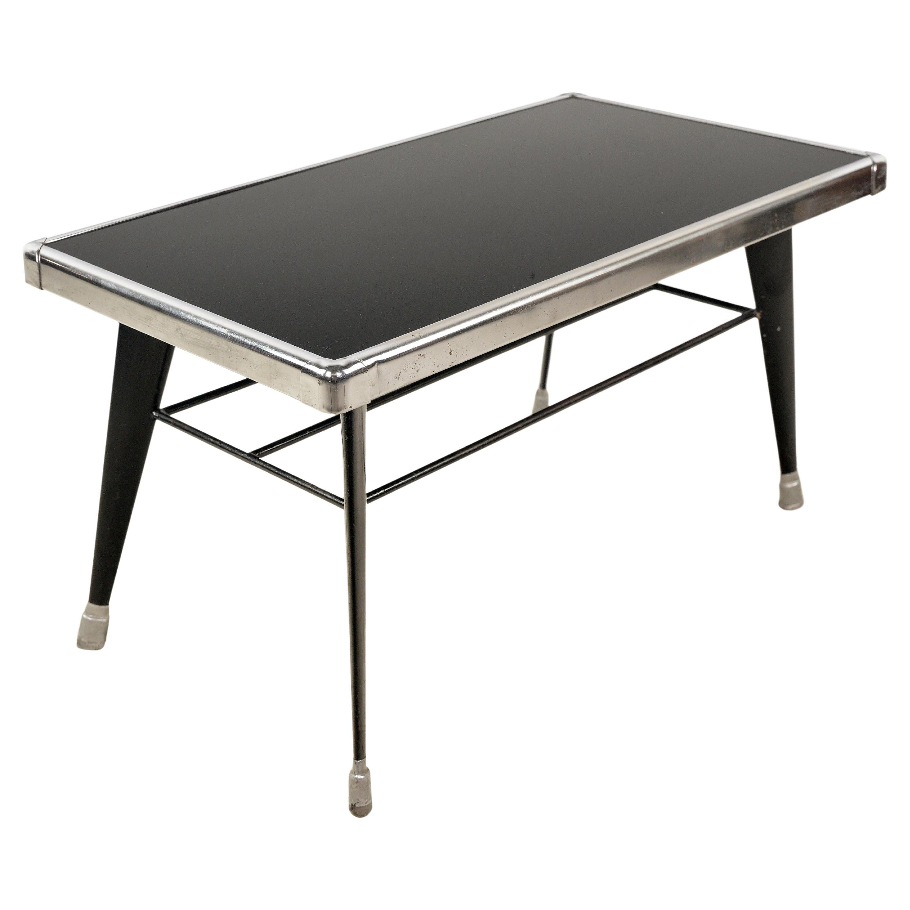 1950s Mid-Century Modern Black Glass & Steel Coffee Table For Sale