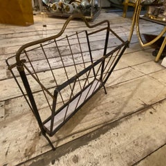 1950s Mid-Century Modern Black Painted Iron and Brass Italian Magazine Rack