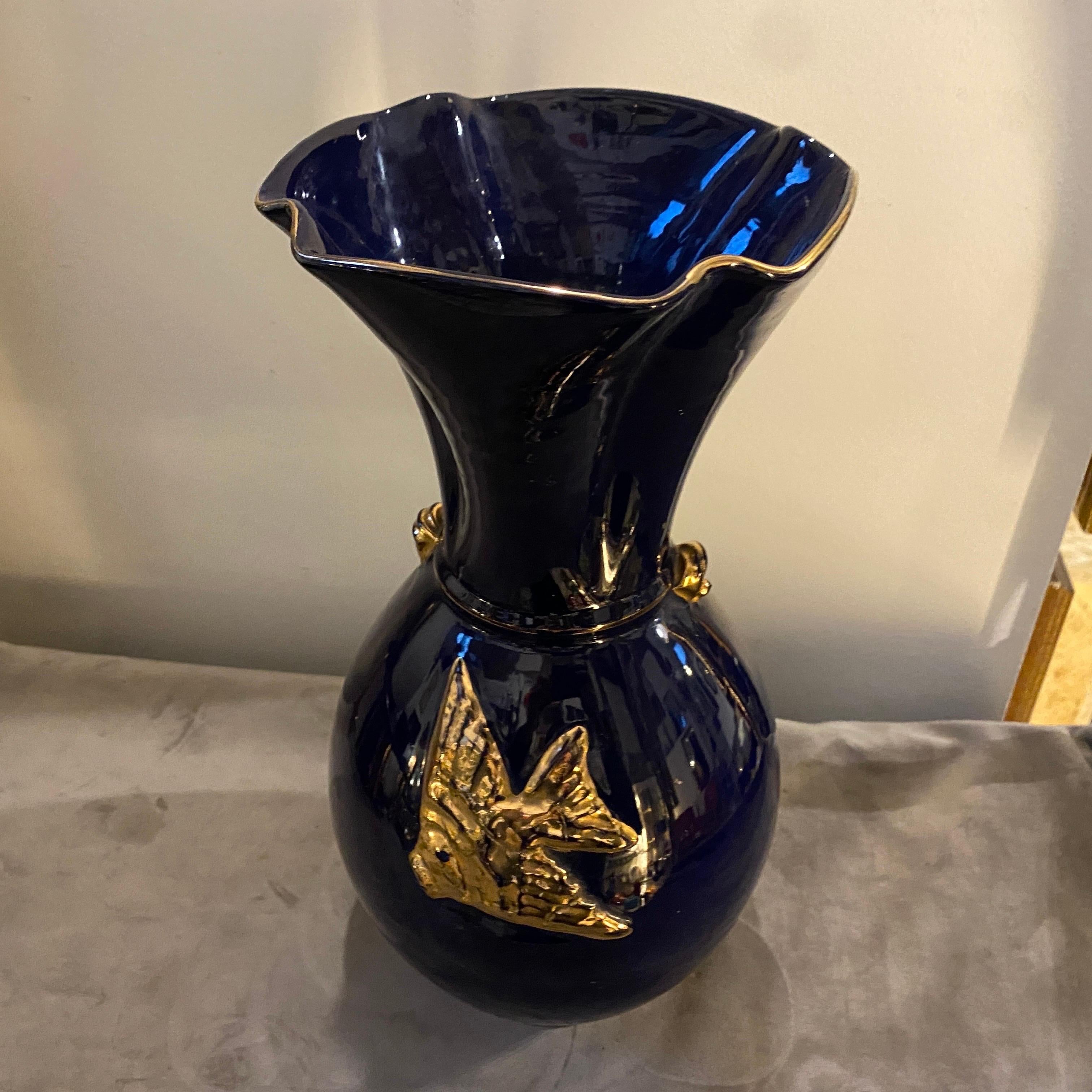Hand-Crafted 1950s Mid-Century Modern Blue and Gold Ceramic Italian Vase by Icap For Sale