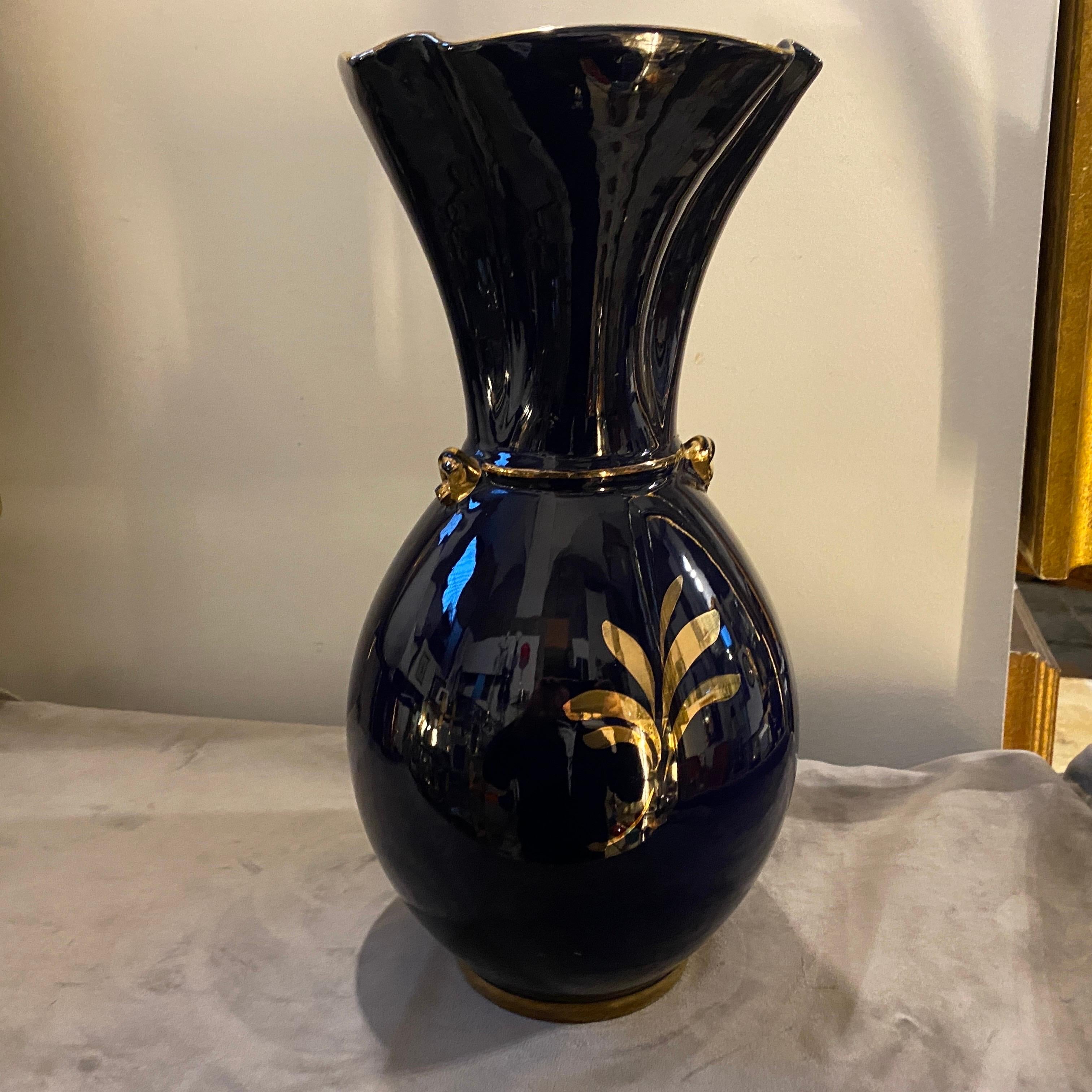 20th Century 1950s Mid-Century Modern Blue and Gold Ceramic Italian Vase by Icap For Sale