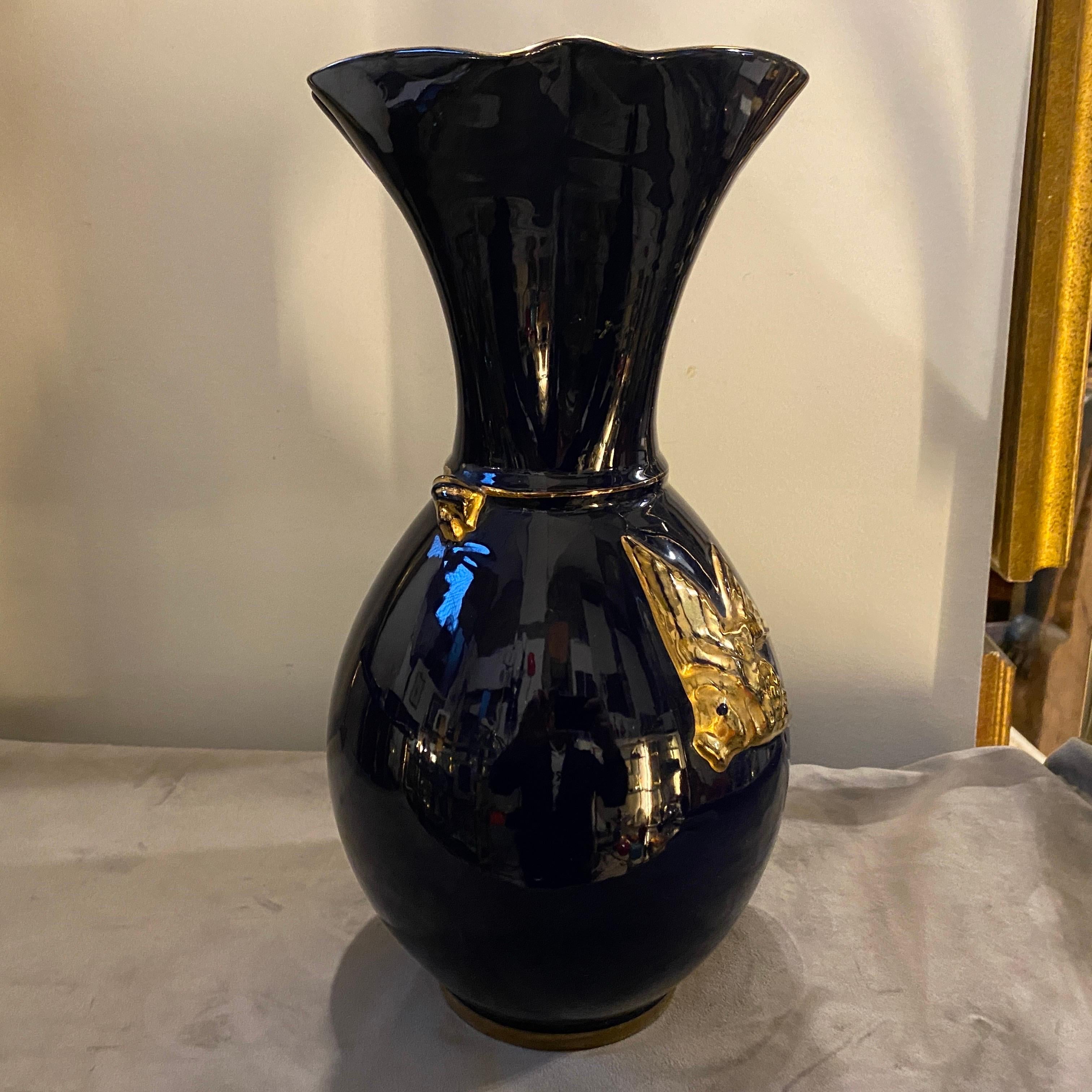 1950s Mid-Century Modern Blue and Gold Ceramic Italian Vase by Icap For Sale 2