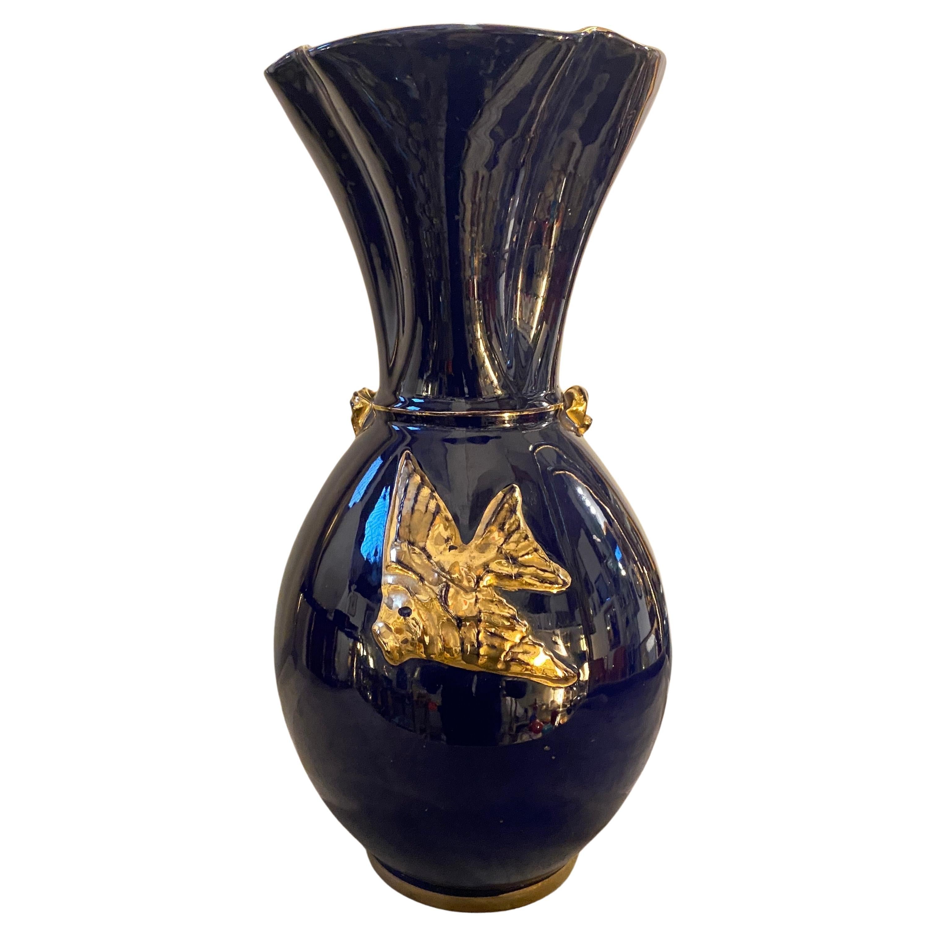 1950s Mid-Century Modern Blau und Gold Keramik Italienische Vase von Icap
