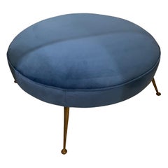 1950s Mid-Century Modern Blue Velvet and Brass Big Round Pouf