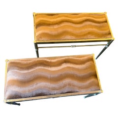 1950s Mid-Century Modern Brass and Brown Cut Velvet Rectangular Italian Stools