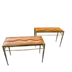 1950s Mid-Century Modern Brass and Brown Cut Velvet Rectangular Italian Stools