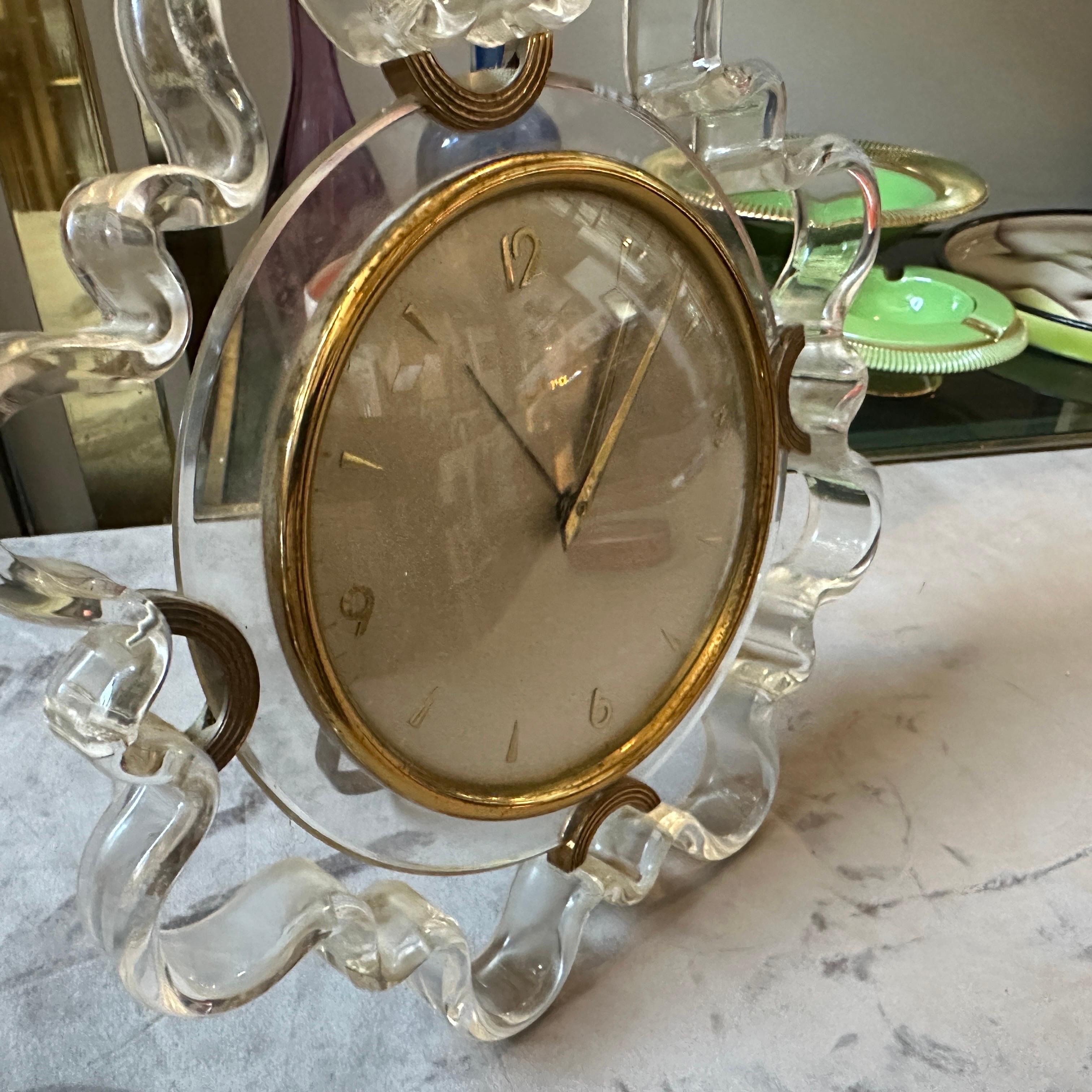 1950s Mid-Century Modern Brass and Clear Lucite Table Alarm Clock by Italora 5