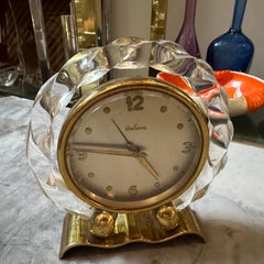 1950s Mid-Century Modern Brass and Clear Lucite Table Alarm Clock by Italora